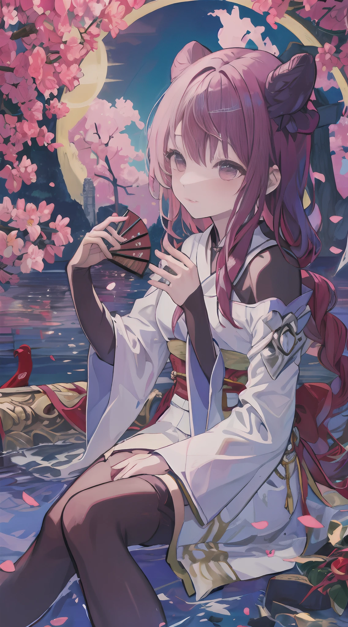Super high quality, Ink painting style, Light and elegant, Clear lake water, Beautiful sunset, Cherry blossom petals fall quietly, Girl in pure white kimono, Holding a folding fan, The breeze ruffled her hair, The woods are dotted with green leaves,Birds chirping, A poetic scene。
