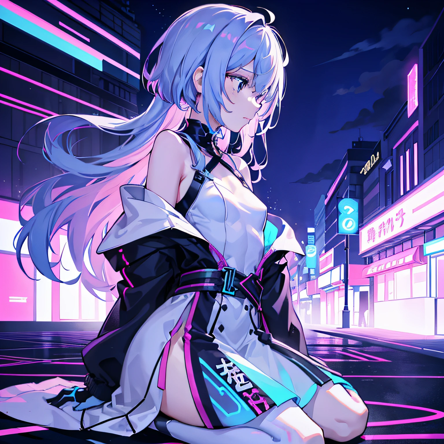 1 Synth Wave Style Girls、extremely details CG、(masterpiece)、(flat-colors:1.5)、(top-quality)、(Pallet Limited)、Blue fluorescent paint、、Nolin Art、silhuette、partially coloring、(alternate color):1.4、dynamic ungle、(pink there、Dark violet):1.3、Dark Violet Shadow、(Synth Wave)、(chromatic abberation)、(((Thick)outline))、Blue outline、(solofocus)、Purple Neon Light、Perfect Shadow、cowboy shot、blank stare、caps、flat breast、Wear an off-the-shoulder floating jacket、short wavy delicate hair、blank stare、delicated face、bare shoulders、Sitting on the roof of a building、beautiful and delicate eyes、(1 girl in):1.5、独奏、From above、Delicate background、Street with neon lights、profile、Depression