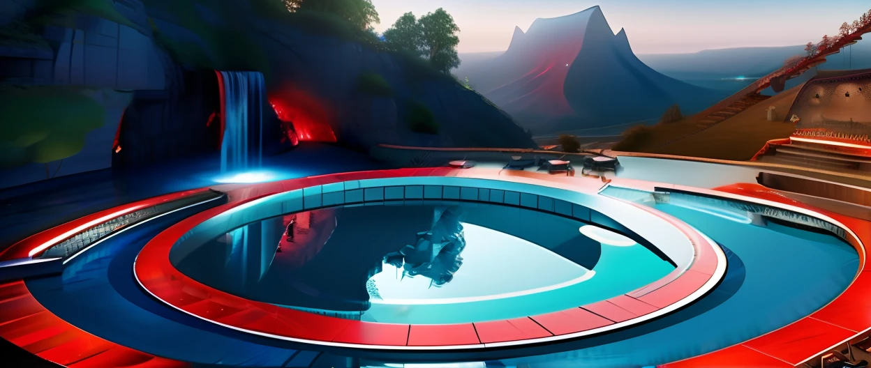 Draw a waterfall，（fire and ice），Blue and red，The is very detailed，Epic, surreal 8K landscape, a portal to the lost flame realm, 4k vertical wallpaper, smelting pit'beeple