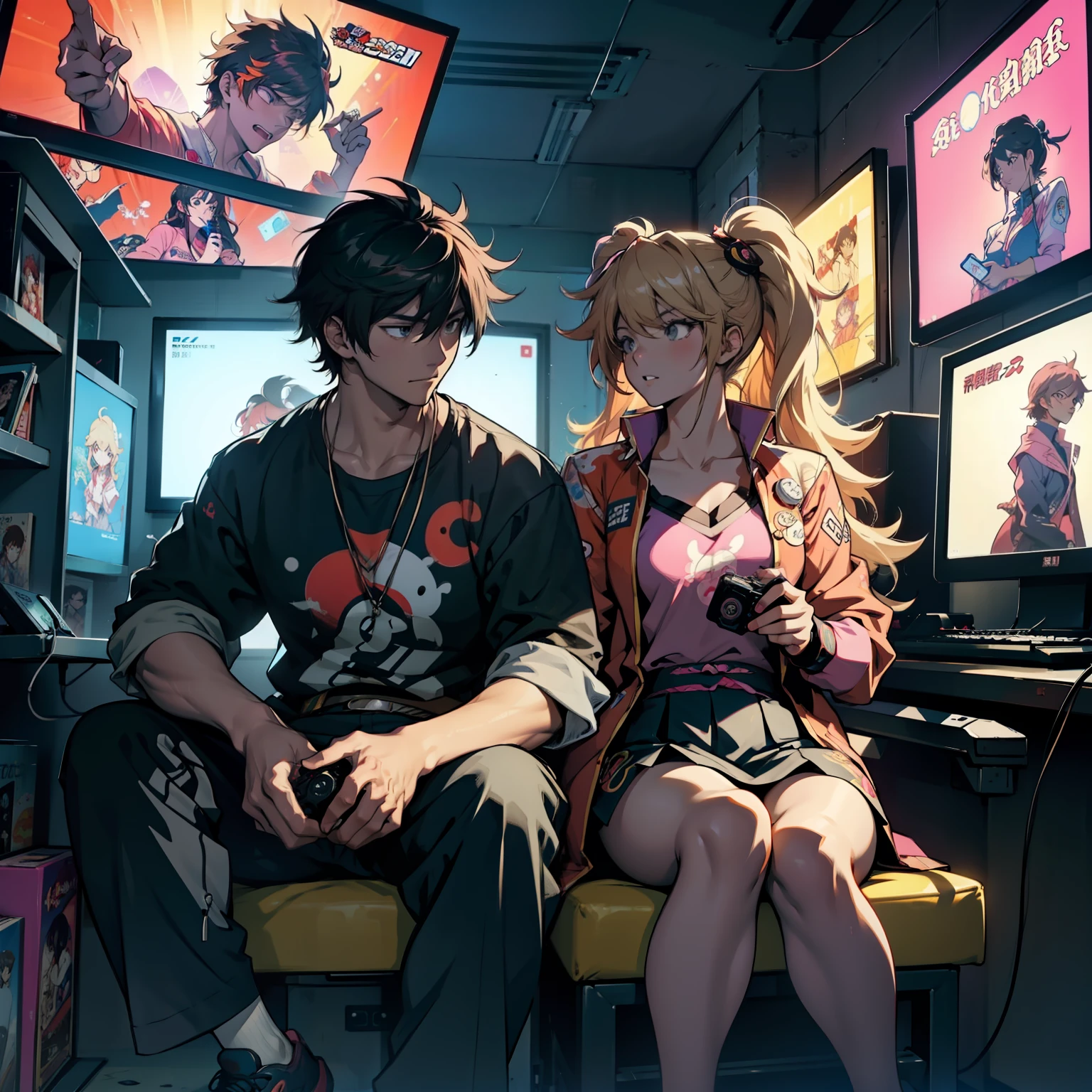Junko and zhongli playing video games together in a room full of 80s style anime and posters in neon tones with video game controllers in their hands and enjoying