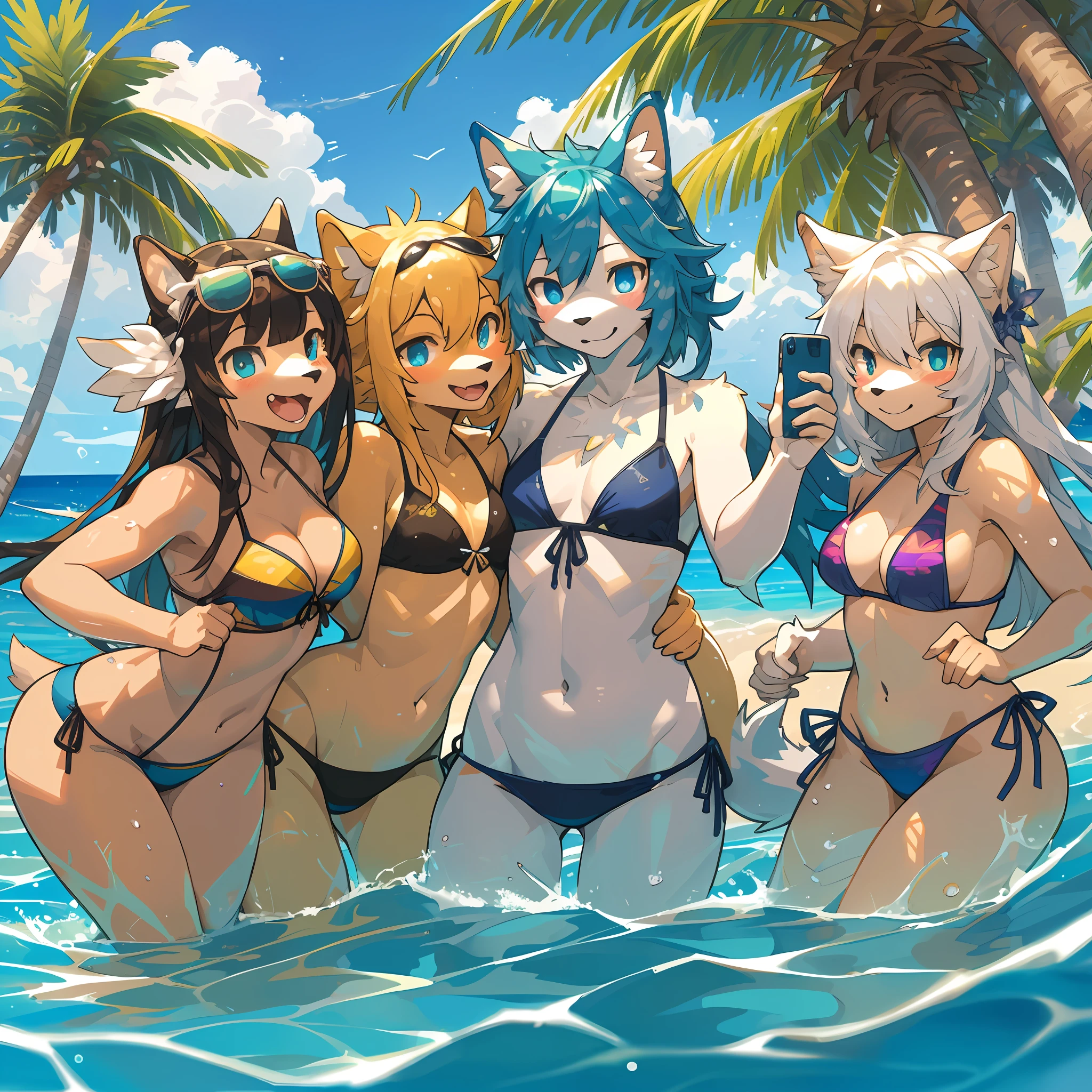 top quality, best quality, High-quality illustrations, masterpiece, super high resolution, detailed background, detailed background, sea, horizon, Palm trees, beach, Midsummer sunshine, swim wears, 6+boys, 6+girls, Happy, joyful, absurdres(highly detailed beautiful face and eyes)perfect anatomy(Photos taken with friends)(kemono, furry anthro)selfie,