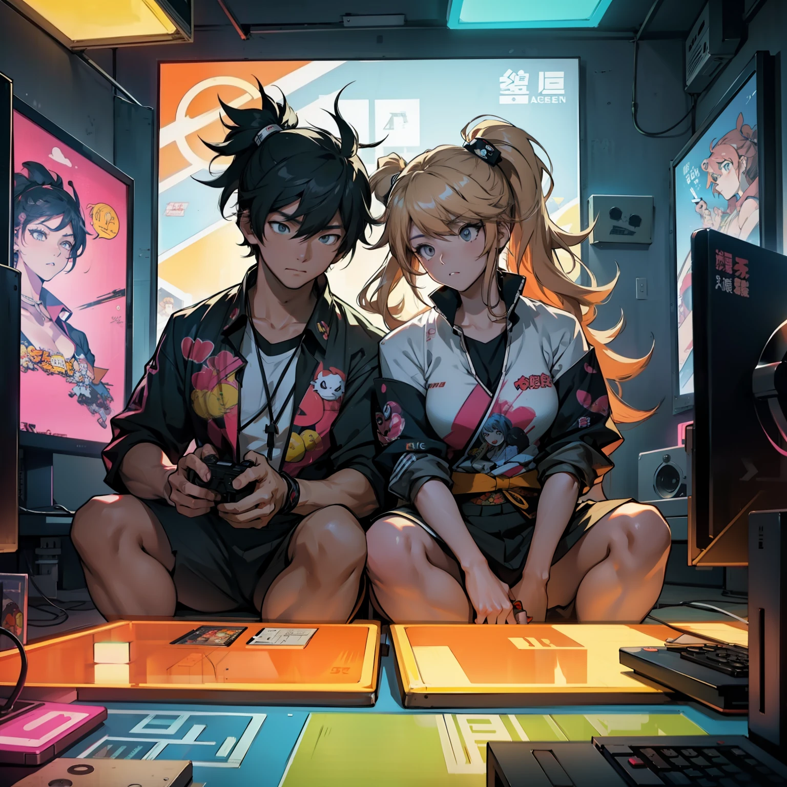 Junko and zhongli playing video games together in a room full of 80s style anime and posters in neon tones with video game controllers in their hands and enjoying