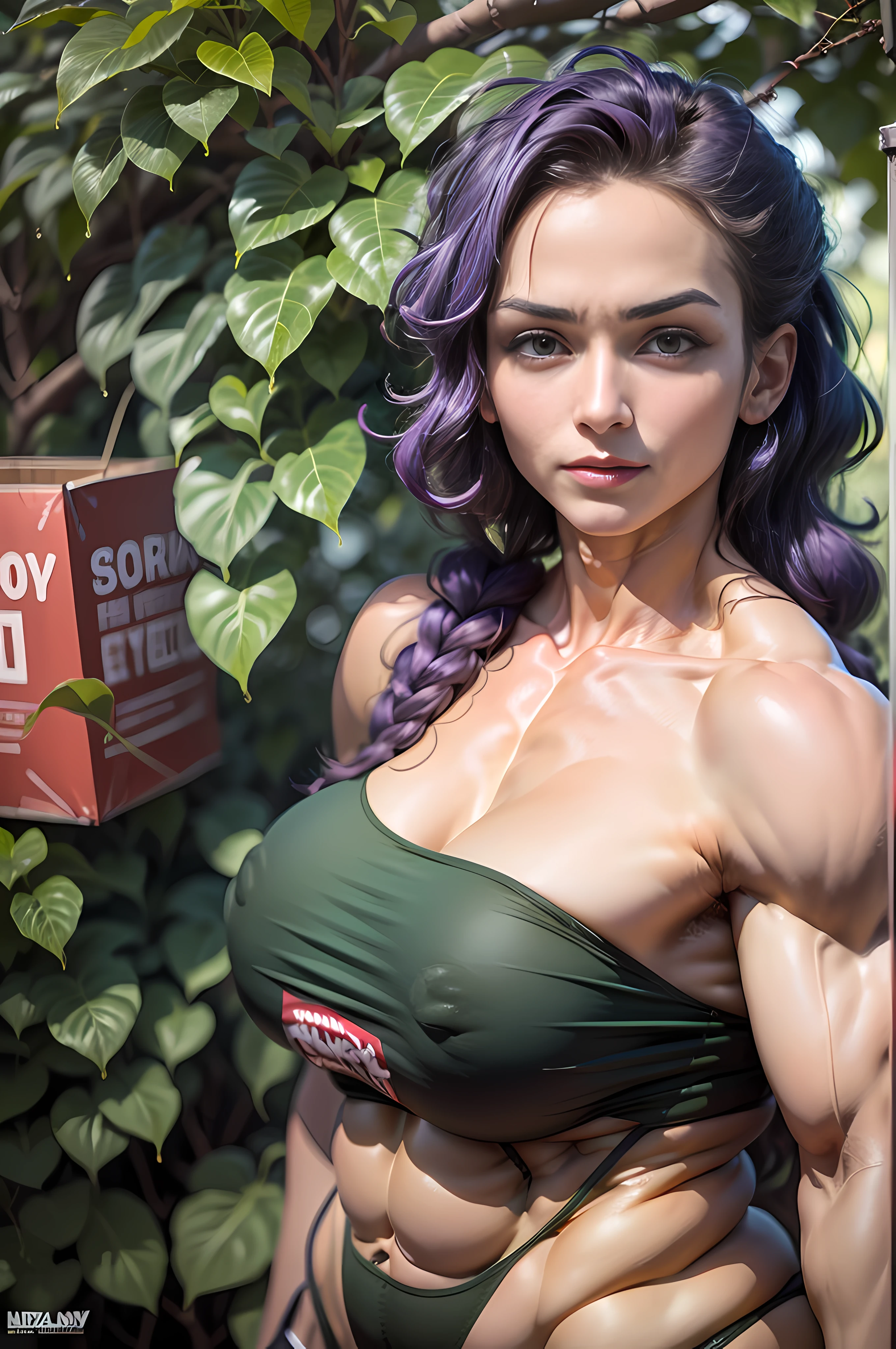 (Masterpiece, ultra detailed: 2), (best quality: 2), (beautiful woman: 2), (perfect body: 2), (NSFW: 2), (heaving breasts, attractive body: 1.8), 8K, full body, extreme hourglass figure, solo woman, very large breasts, droopy breasts, beautiful very tall bodybuilder woman with little clothes in sexy pose in an open field, long legs, violet hair, glowing green eyes, thin braids, perfect face, double eyelids, full breasts, muscle veins, dripping clitoris, flexing muscles, very swollen pectorals, no pants, slight smirk, 30 year old woman face, defined abdominal muscles, neutral face expression, full breasts