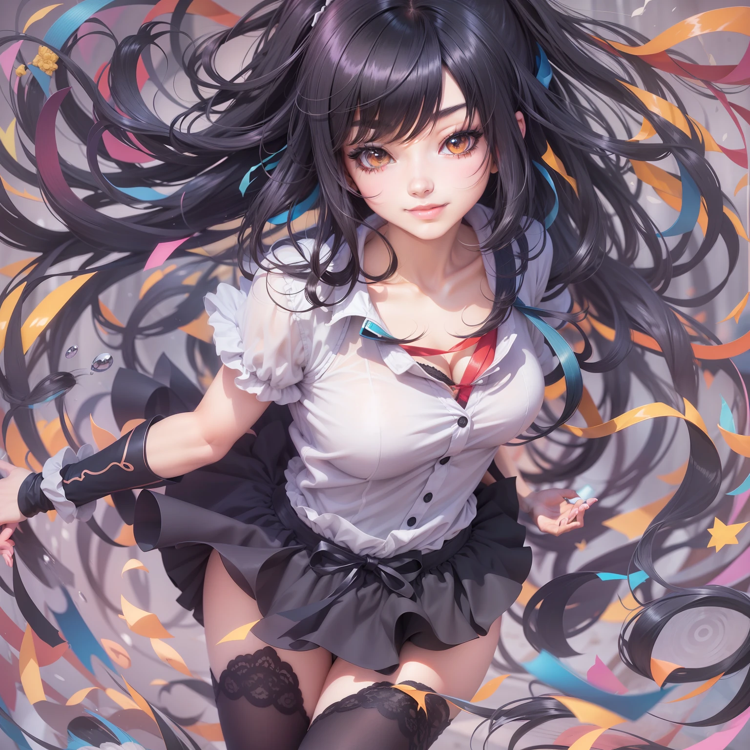 Black hair, Hair Bob,lightsmile, Colored inner hair,stereograms,Super Detail, ccurate, Best Quality Anime Tone,Waist Ribbon,beauty legs,Style Up,Fashion,ren,Beautie