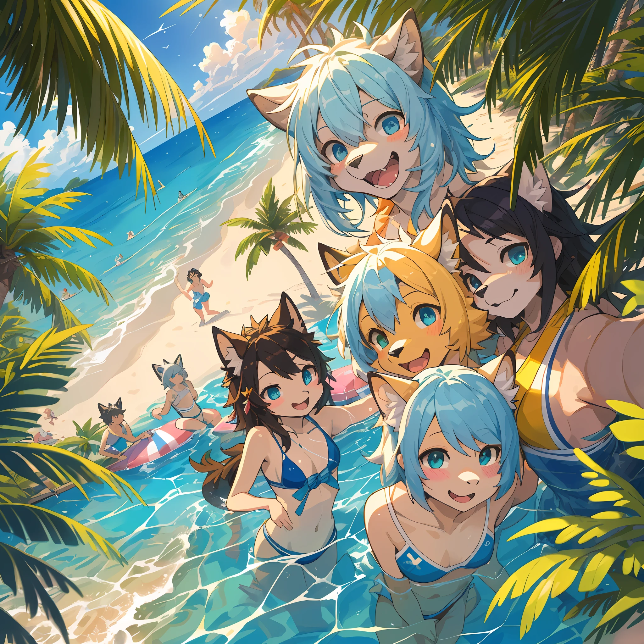 top quality, best quality, High-quality illustrations, masterpiece, super high resolution, detailed background, detailed background, sea, horizon, Palm trees, beach, Midsummer sunshine, swim wears, 6+boys, 6+girls, Happy, joyful, absurdres(highly detailed beautiful face and eyes)perfect anatomy(Photos taken with friends)(kemono, furry anthro)selfie,