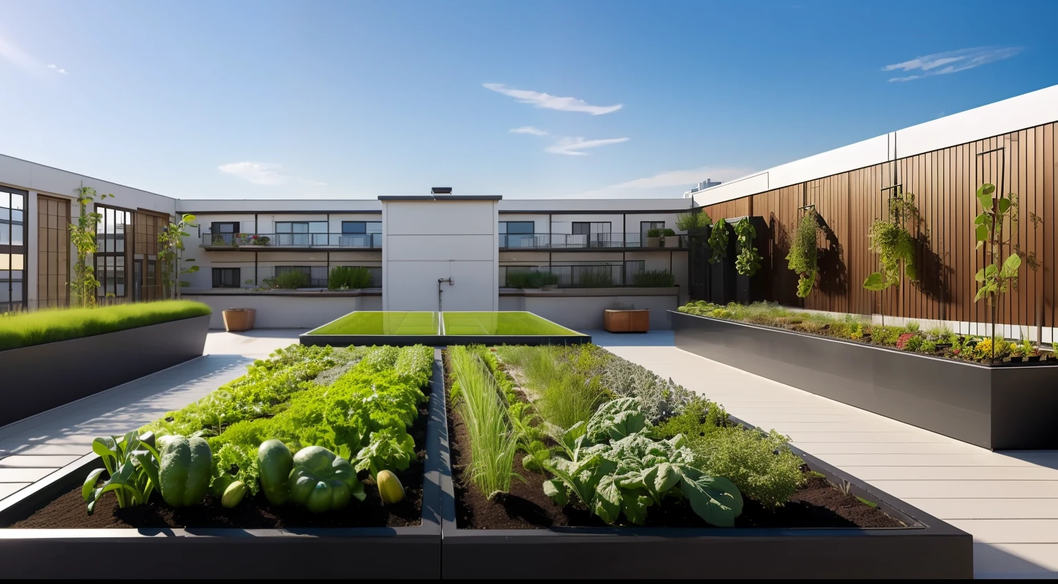 On the rooftop、Rooftop Garden、A lot of vegetables are growing on the roof、Hand washing station、A view that shows that it is a rooftop、On the roof of the apartment building、Community space in condominiums、Nordic style building、oasis、Sheer sunlight, built, vivd colour, masterpiece,top-quality,ultra-detailliert