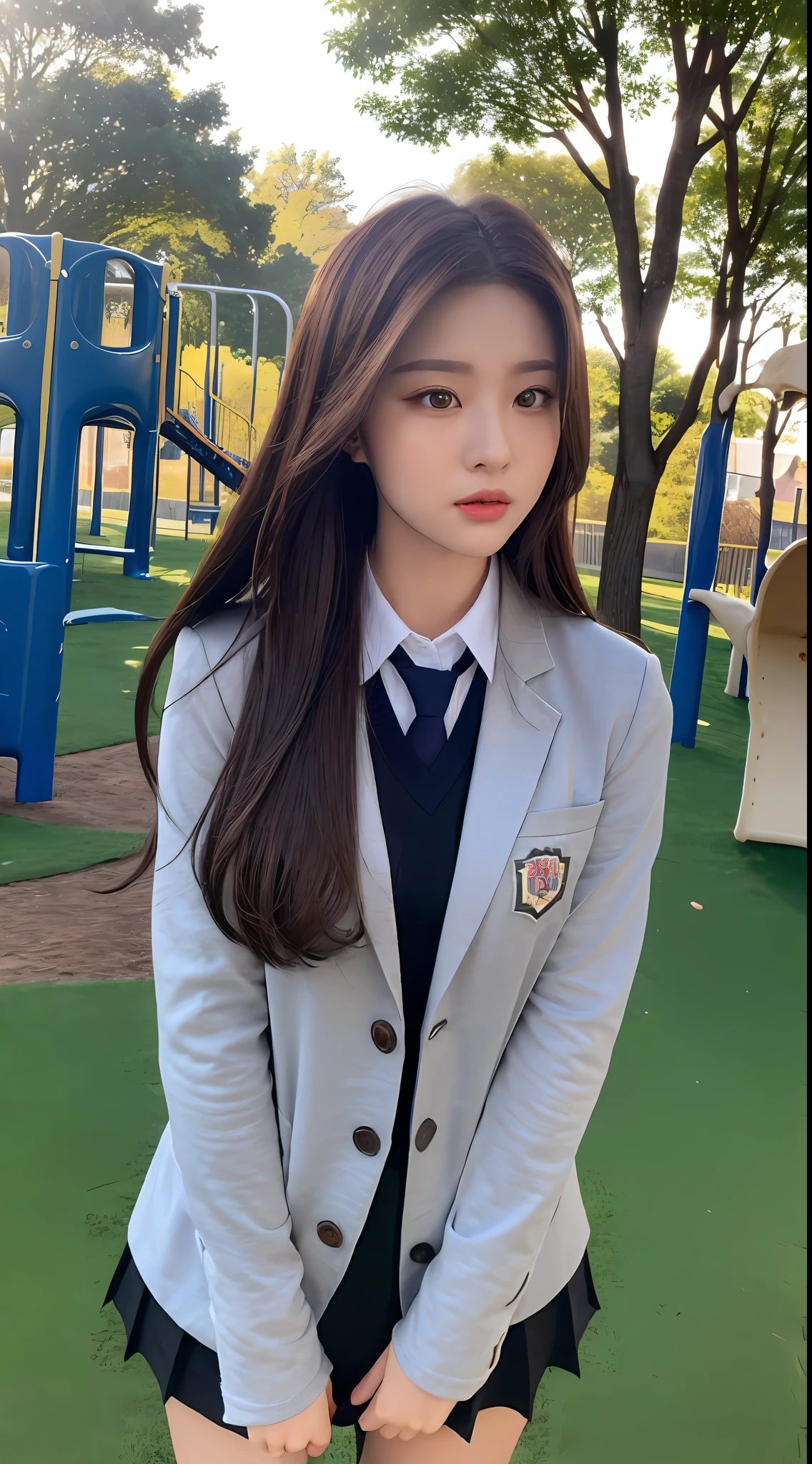 ((Realistic lighting, Bestquality, 8k, MASTERPIECE:1 girl.3 girls)), Sharp Focus:1 girl.2 Maidens, 1 girl one girl, A beauty with a perfect figure:1 girl.4 pcs, Slim abs:1 girl.1 girl, ((Dark Brown Hair)), (school uniforms:1 girl.4 pcs),(out door,Daytime:1 girl.1 girl),playground,ultrahigh-fine face,Fine eyes,Double eyelidd,