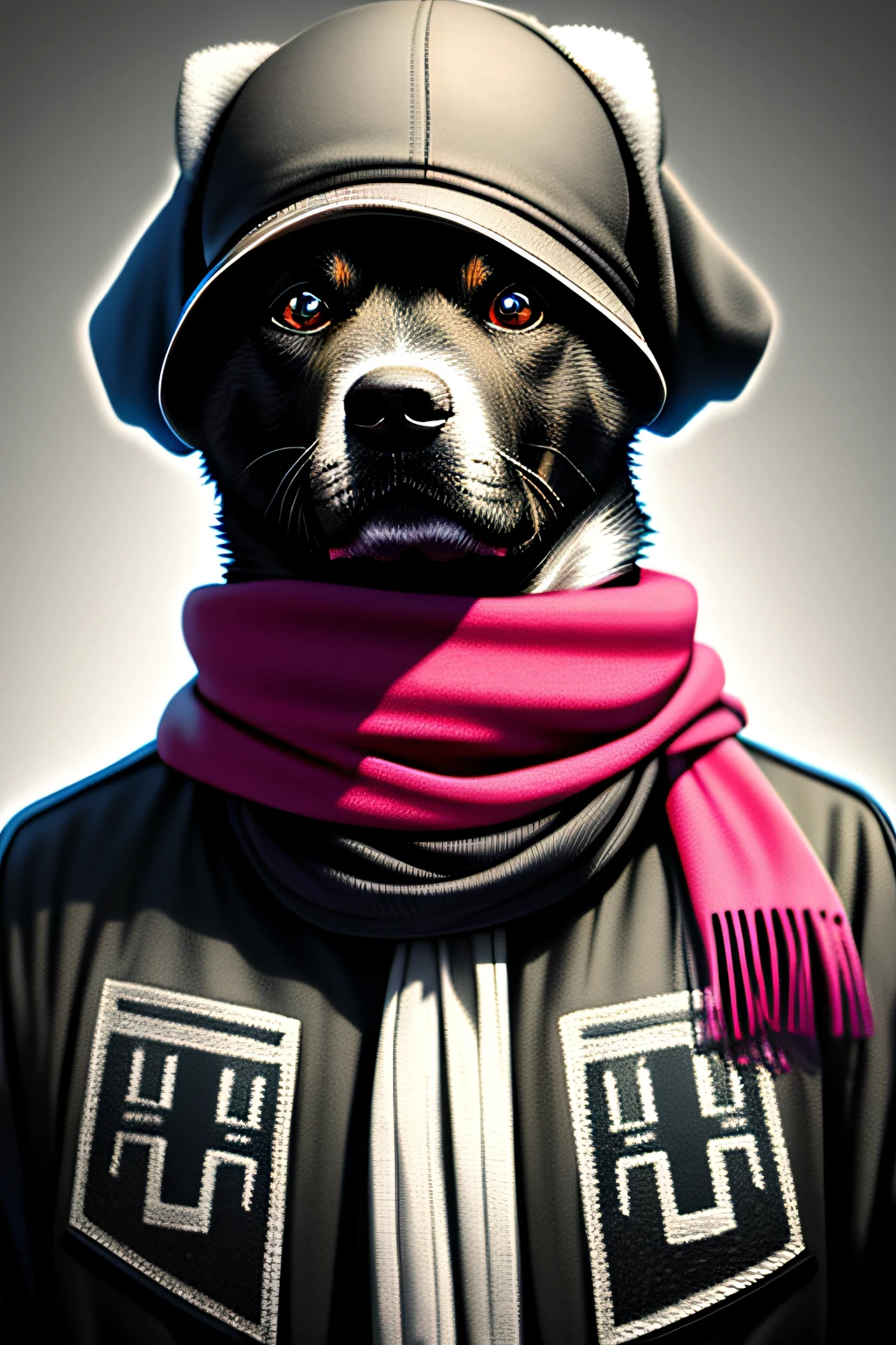 Picture of dog wearing hat and scarf,trends in art station,Wear punk clothes,Ultra-realistic detailed rendering,Urban style,intimidating pose,Planet of dogs,fashionable attire,urbansamurai,doggy,West Slavic features