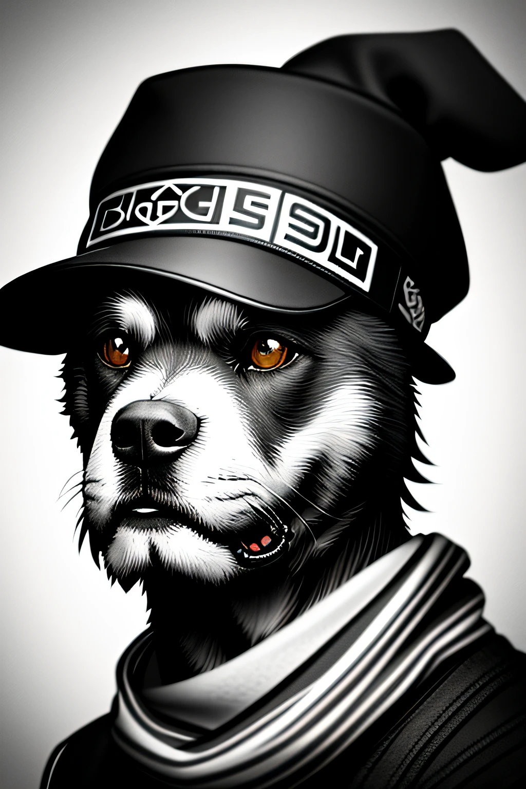 Picture of dog wearing hat and scarf，trends in art station，Wear punk clothes，Ultra-realistic detailed rendering，Urban style，intimidating pose，Planet of dogs，fashionable attire，urbansamurai，doggy，West Slavic features