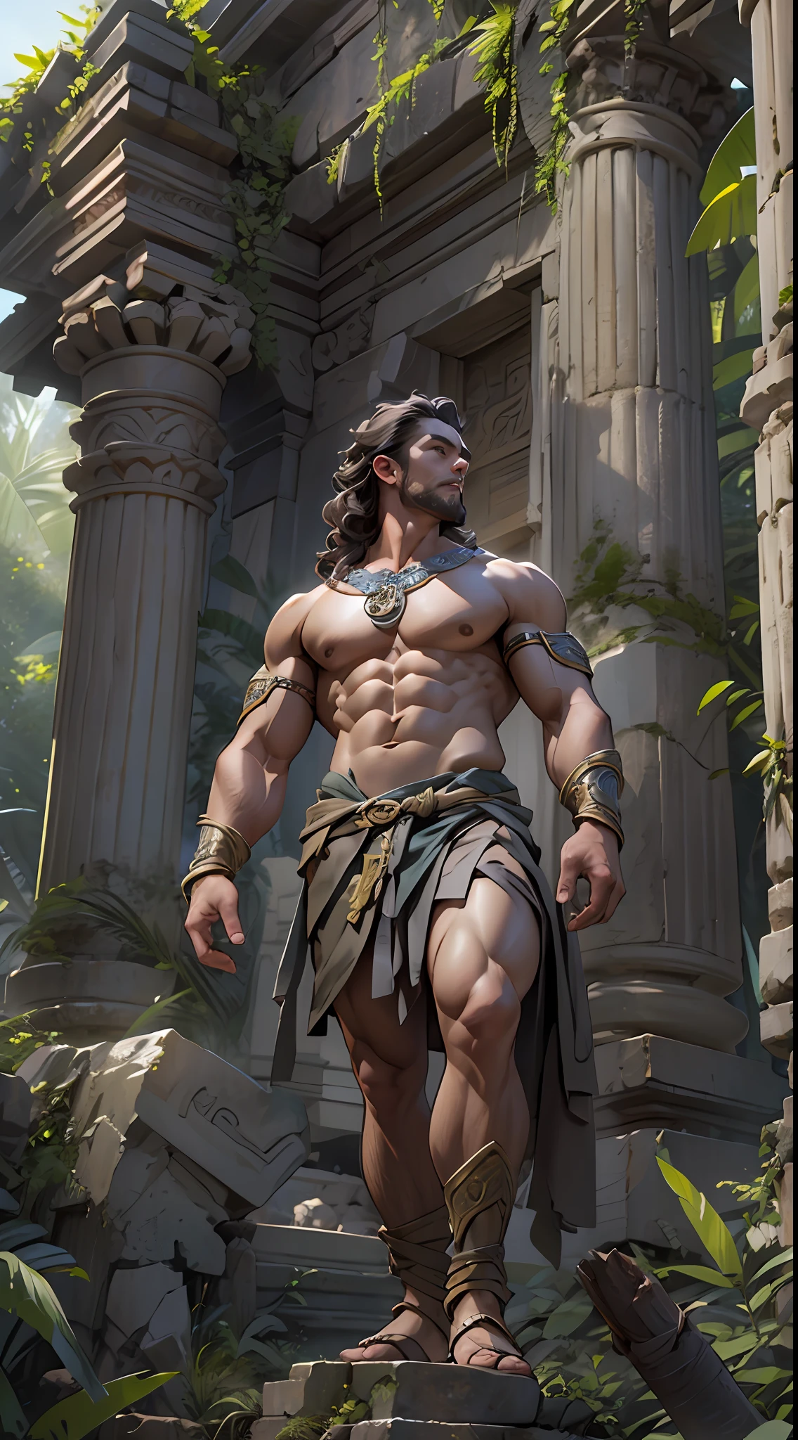 Sculpted warrior, exposed upper torso, legs bared from thighs to feet, flowing long curls, intricate muscular details, photorealistic depiction, 4K resolution. Background: Ancient temple ruins in a lush jungle,32k uhd, best quality, masterpiece, super detail, high details