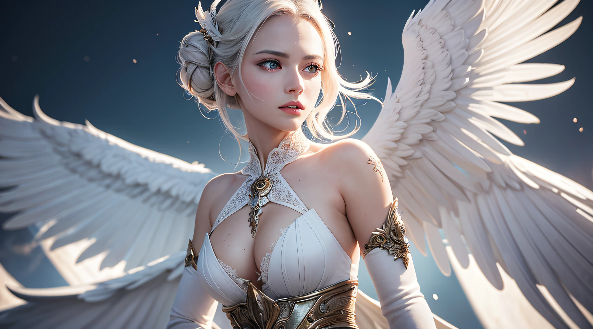 a matural female,White color hair,wings of a swan,The sword,Large breasts,magnificent robe,complex patterns,chies,(skin indentation:1.5), realisticlying, realisticlying, (Masterpiece:1.5), concept-art, intricately details, highly detailed, realisticlying, rendering by octane, 8K, unreal-engine, dynamicposes, Best quality at best, A high resolution, (photorealiscic face:1.1), (Hyper-realistic:1.1), perfect eyes,(shiny skins:1.2), Radiant force, smog, magia, Dramatic, Epic, battlefiled, depth of fields, Background bokeh, 4K, ashes, Particle,