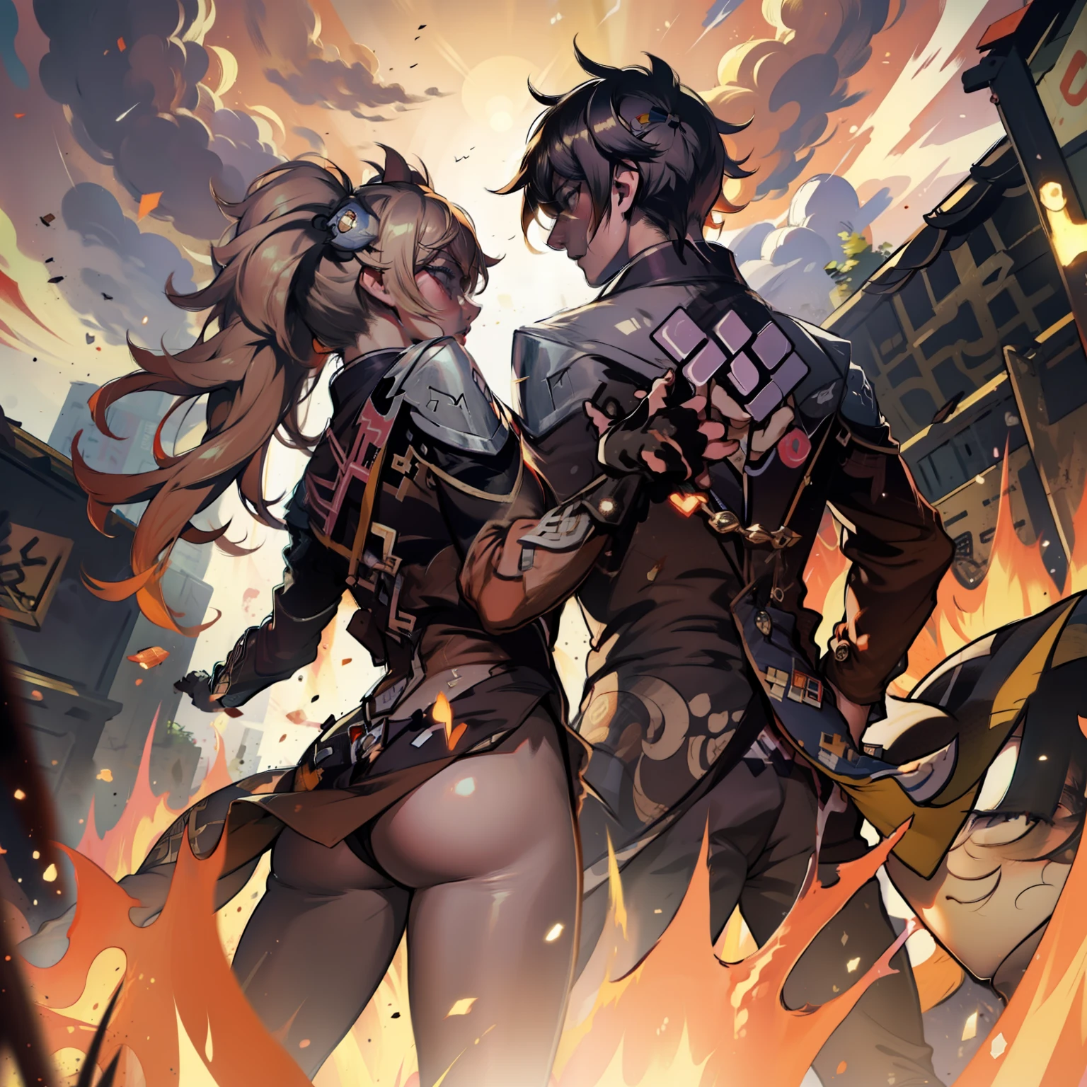 zhongli with Junko Enoshima (genshin impact) (playing video games together),