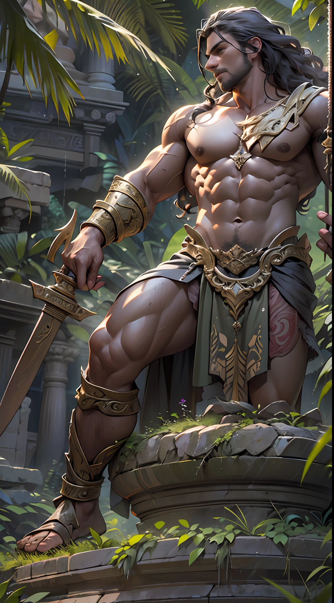 Sculpted warrior, exposed upper torso, legs bared from thighs to feet, flowing long curls, intricate muscular details, photorealistic depiction, 4K resolution. Background: Ancient temple ruins in a lush jungle,32k uhd, best quality, masterpiece, super detail, high details