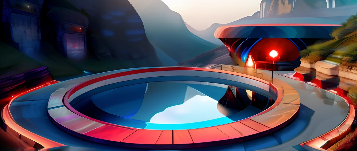 Draw a waterfall,(fire and ice),Blue and red,The is very detailed,Epic, surreal 8K landscape, a portal to the lost flame realm, 4k vertical wallpaper, smelting pit'beeple