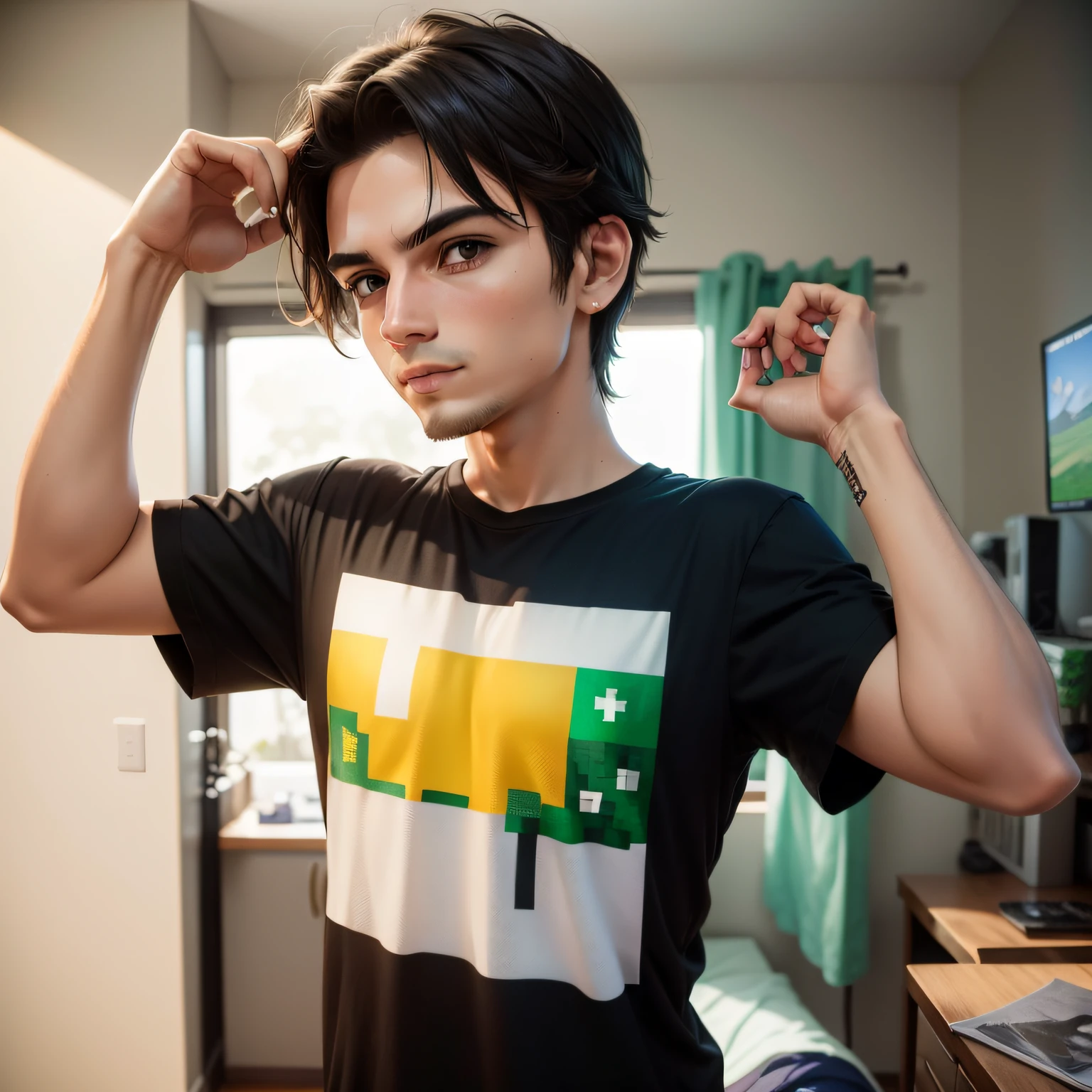 Homem com uma camisa roxa e no fundo da imagem ser do minecraft