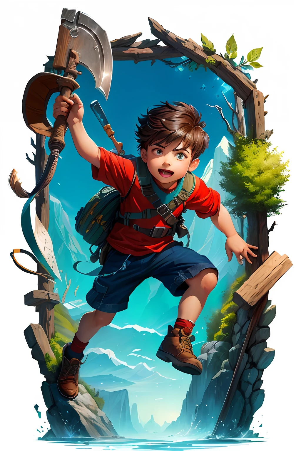 A cartoon boy with a backpack and a large axe in his hand, Arte infantil em Artstation, epic full color illustration, illustration of children's books, mobile game art, retrato do livro do RPG, aventura render hiper realista, illustration of children's books, arte do jogo, arte conceitual do menino solteiro, fantasy RPG book illustration, Game Illustration, official character illustration, illustration for children, Retrato de um aventureiro