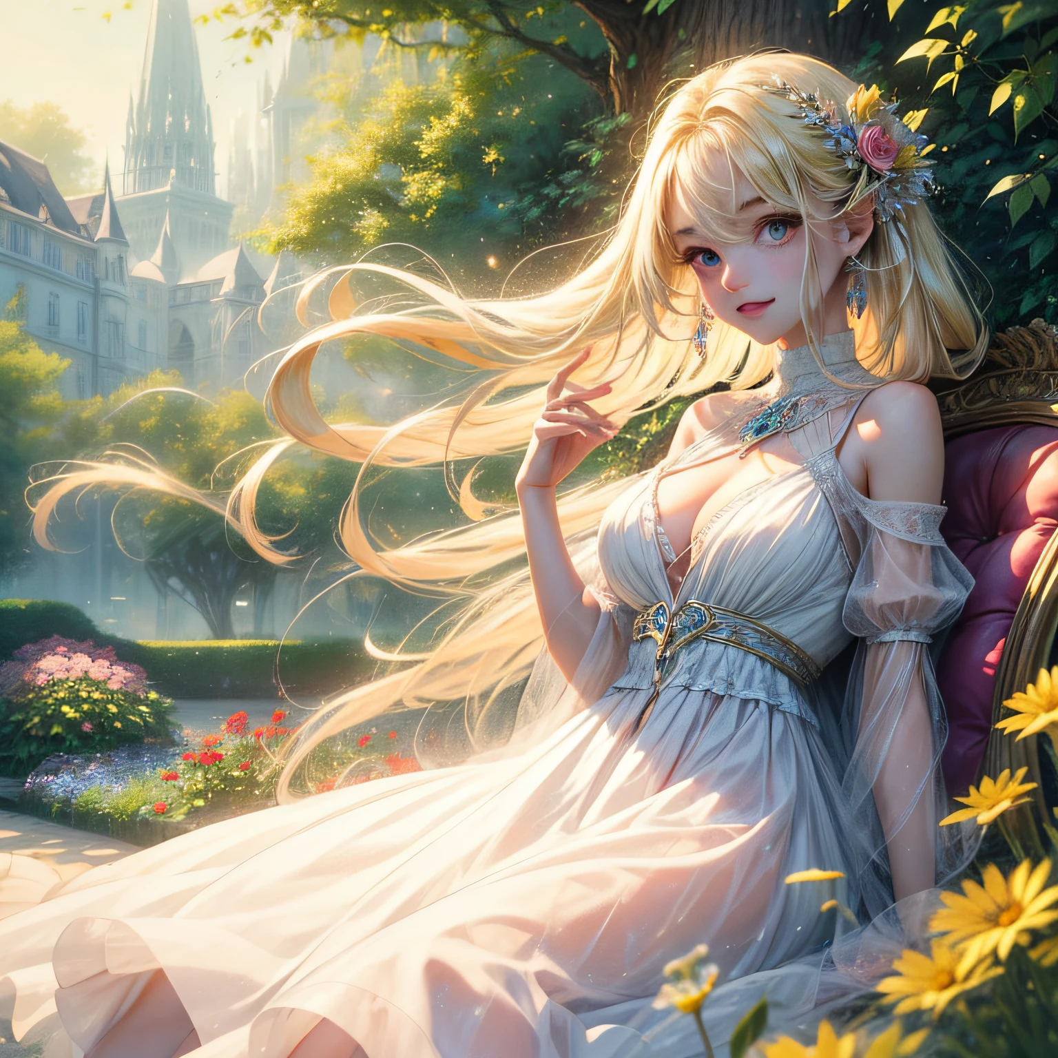 In this whimsical scene, a captivating young woman sits amid a picturesque garden, surrounded by vibrant flowers and butterflies. With her long, flowing blonde hair gently brushing against her shoulders and mesmerizing red eyes glittering like precious gems, she exudes an aura of enchantment. Clad in a delightful watercolor dress adorned with delicate patterns, her radiant smile fills the air with joy and positivity. The soft sunlight casts a painterly glow, enhancing the magical ambiance of this serene moment, beautifully sketched and evoking a sense of wonder.