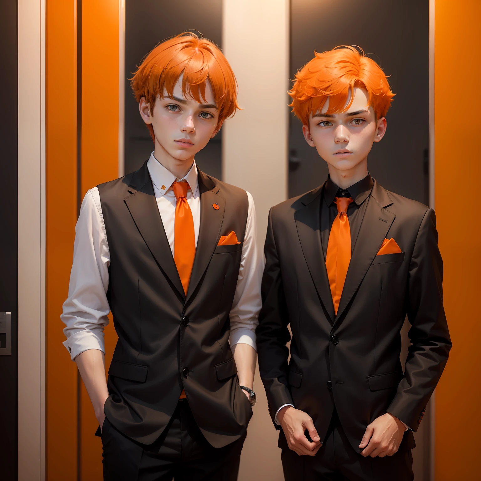 papa, Mom 14-year-old brothers pose serious for photo orange hair smart clothes of orange and black ceda