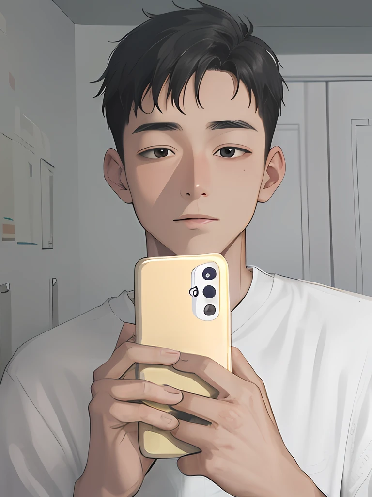 there is a man that is holding a cell phone in his hand, Guviz-style artwork, Digital anime illustration, Guviz, Kawaii realistic portrait, anime realism style, realistic art style, inspired by Yanjun Cheng, in an anime style, Realistic anime 3 D style, realism art style, lofi portrait, inspired by jeonseok lee