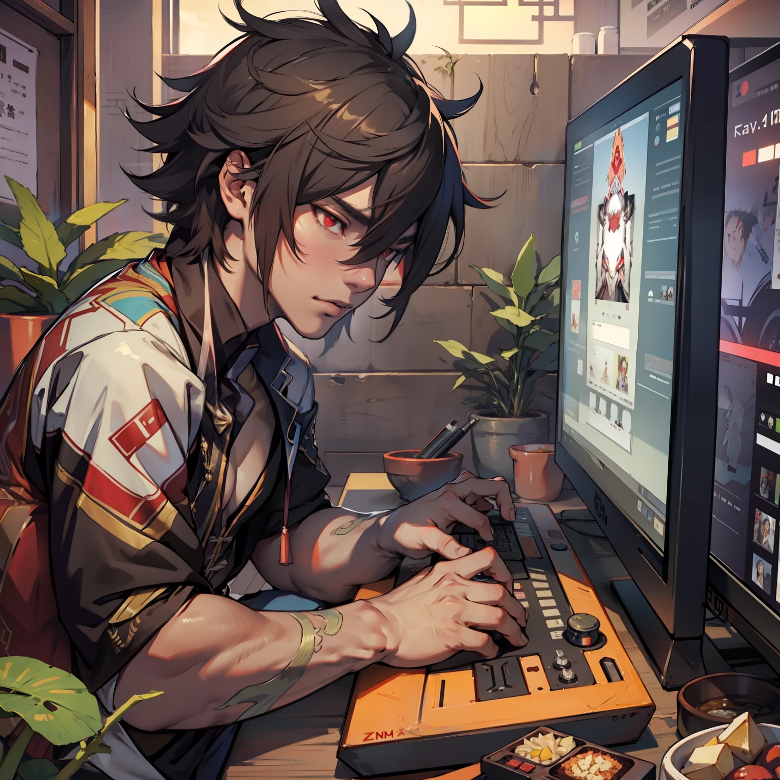 zhongli playing video games, red eyes