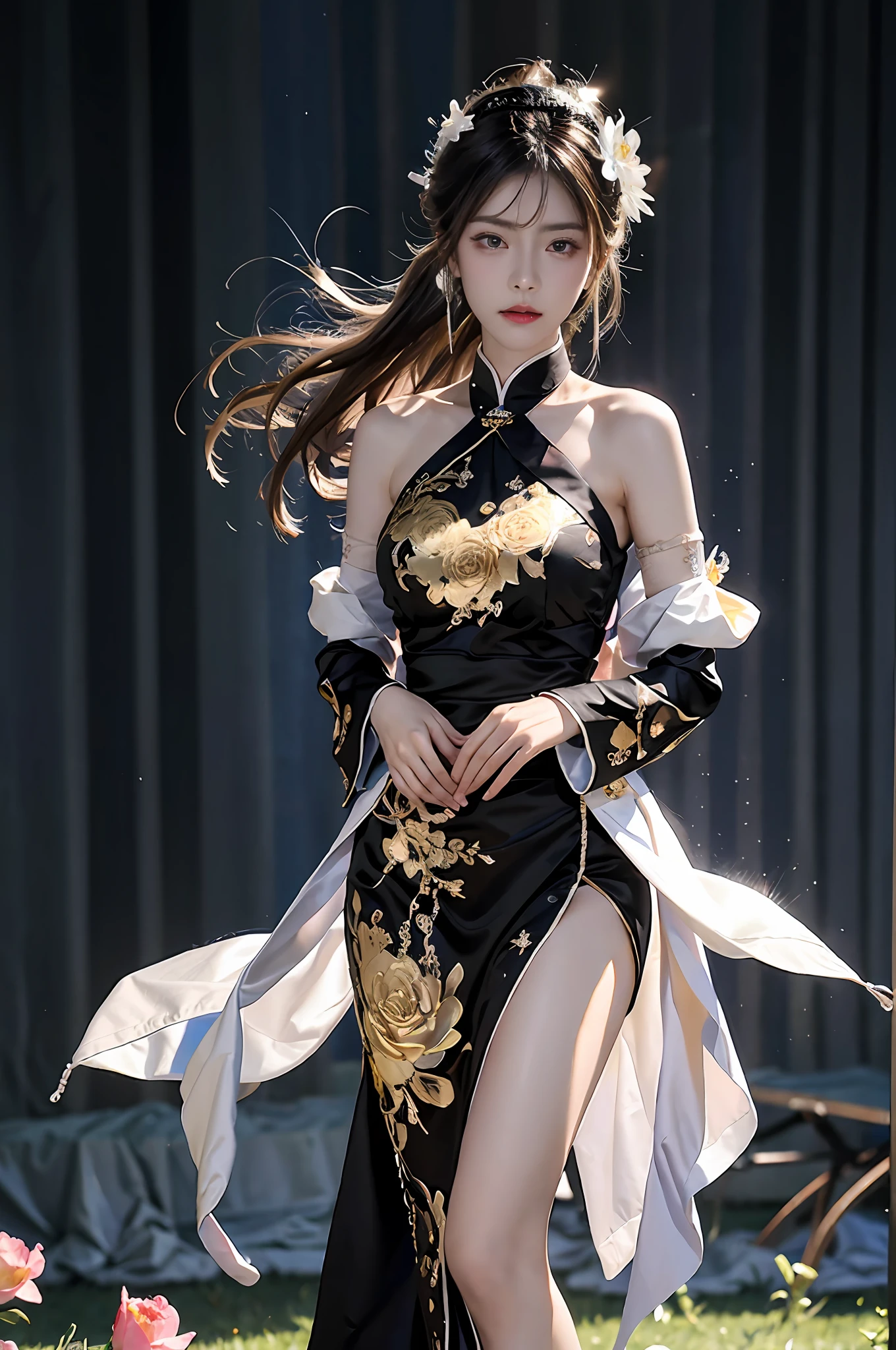 Zhong Fenghua， 1girll， （full bodyesbian） 独奏， Hanfu， flower  field， blossom flower， （Black smoke：1.4） （realisticlying：1.5）， datura， entangled， offcial art， Unity 8k壁纸， ultra - detailed， Beautiful and beautiful， tmasterpiece，best qualtiy， （dynamic angle：1.4）， （Realistic：1.5），（Real human photos；1.5），（Bigboobs：1.2），（Liuhai hairstyle：1.5）（Shoulders exposed：1.2），Glowing skin， （Floating colorful flashes：1.2），The most beautiful classical form，（ellegance：1.2），Fauvistdesign，vivd colour，Romanticism Depth of Field，