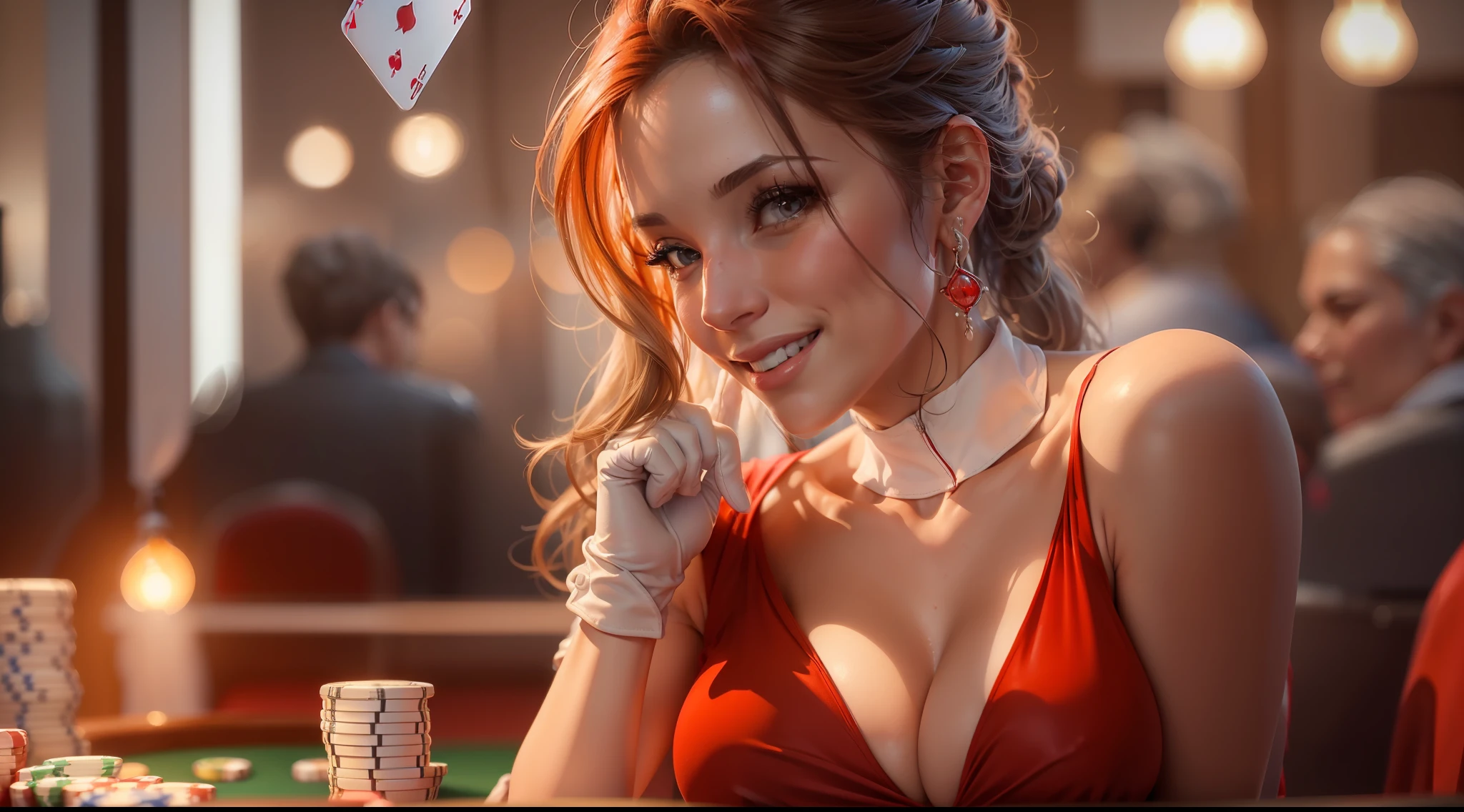 (( 1 woman smiling)),(poker table), Realistic, Best Quality, (((red dress))))), (big breasts: 1.7), ((1 light)), dynamic lighting, intricately , volumetric lighting, trending on Artstation, warm colors, ambient occlusion, 8K resolution, depth of field, ((Unreal Engine 5: 1.2)), ((master piece: 1.6)), (((perfect anatomy: 1.7))), ((detailed face: 1.7)), (((wearing white gloves)))