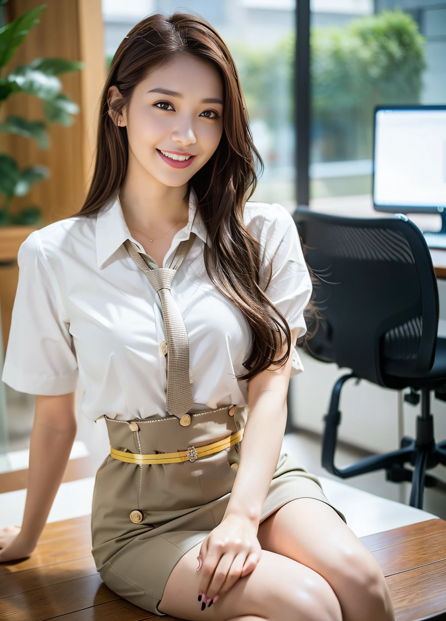 araffe woman sitting on a desk in a white shirt and tan skirt, gorgeous young korean woman, korean girl, beautiful south korean woman, jaeyeon nam, korean women's fashion model, office clothes, sakimichan, beautiful young korean woman, heonhwa choe, korean woman, smooth white tight clothes suit, hwang se - on, work clothes