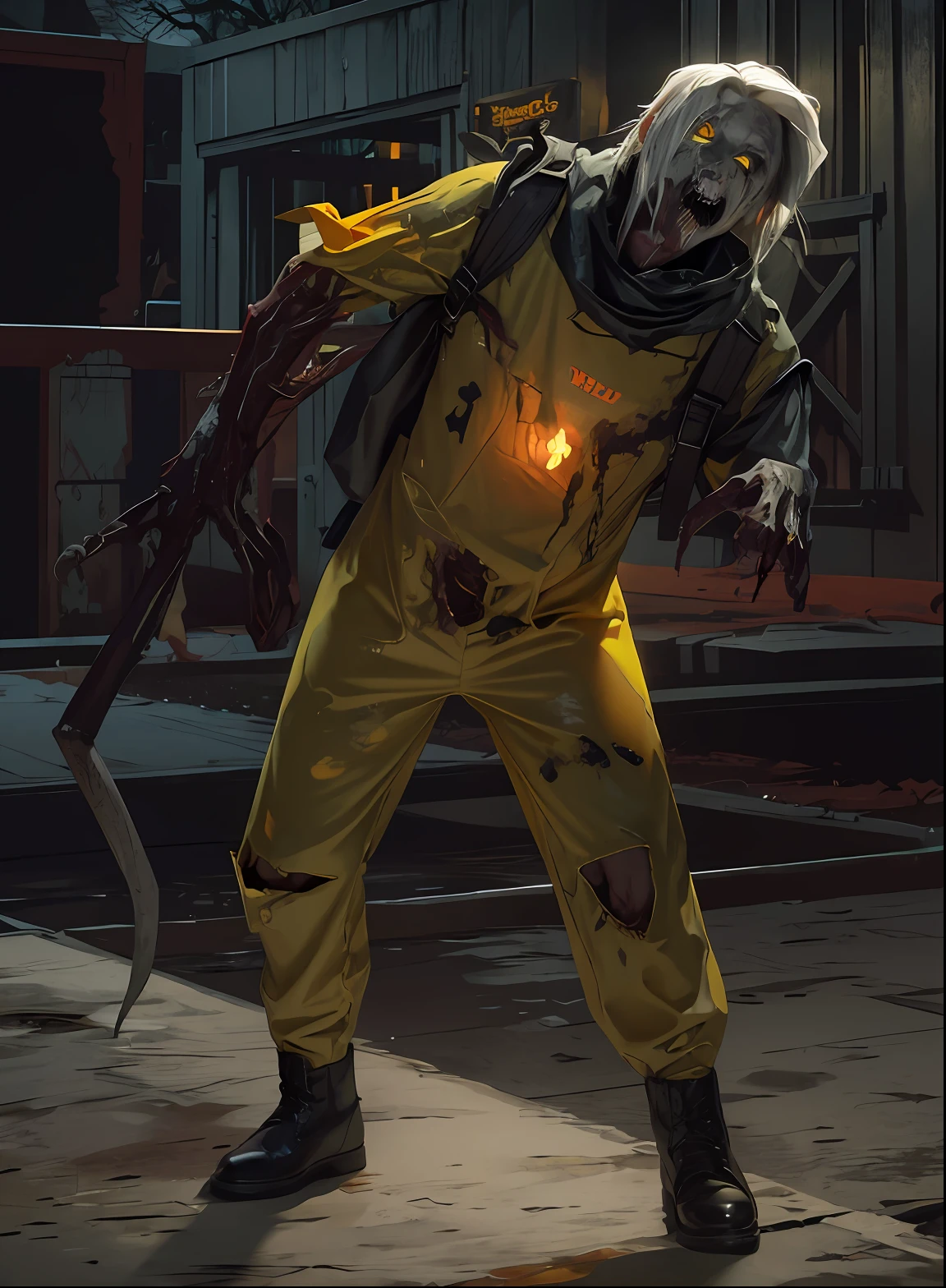 1 zombie, a zombie in a yellow radiation protection suit, one hand is a tentacle, afternoon lighting, scary face, rough skin, upper body, close-up, 8k, RAW photo, best quality, masterpiece, realism,dark, spooky, zombie, undead, horror, blood, decay, rotting, torn clothes, pale skin, eerie, red eyes, disheveled hair, frightening, teeth, bones, graveyard, moonlight, shadows, creepy, gory