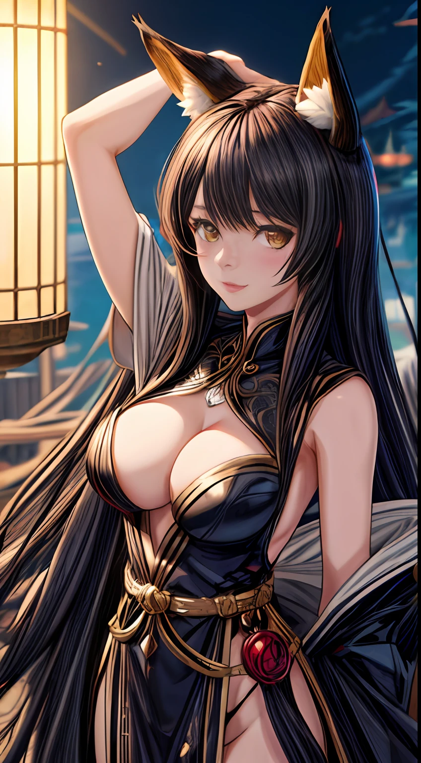 a woman in a black and gold outfit with fox ears on her head, fox tail, seductive anime girl, intricate body, inspired by WLOP, 8k high quality detailed art, a beautiful fantasy empress, intricate wlop, beautiful alluring anime woman, wlop. 4 k, anime goddess, fanart best artstation, wlop and sakimichan