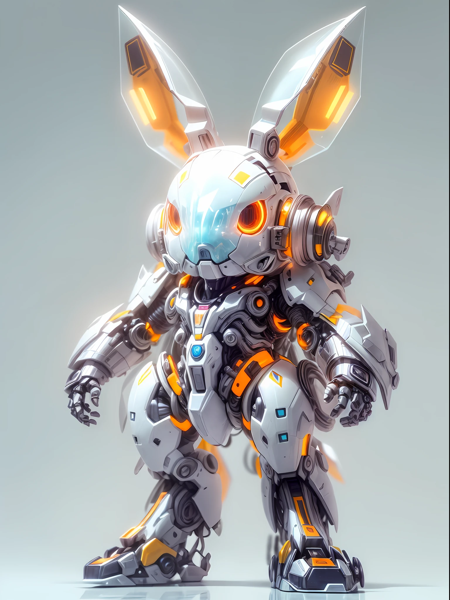 (anthropomorphism:1.5),(Full Body Shot), 1 Colored Transparent rabbit mecha(Mechanical style Colored Transparent rabbit head, Exquisite Helmet:1.2, glowing goggles:1.2, muscular limbs, muscular body), Standing on two legs, nobody,Colored Transparent plastic, Cyberpunk, Dreamy Glow,clean,white background, ( Global illumination, raytracing, HDR, unreal render,reasonable design, high detailed, masterpiece, best quality, UHD, Cinematic Lighting)