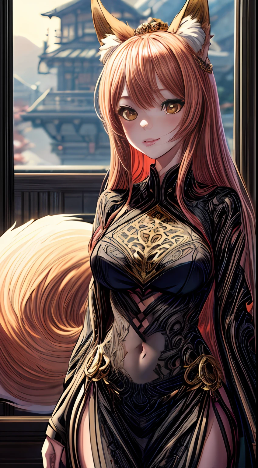 a woman in a black and gold outfit with fox ears on her head, fox tail, seductive anime girl, intricate body, inspired by WLOP, 8k high quality detailed art, a beautiful fantasy empress, intricate wlop, beautiful alluring anime woman, wlop. 4 k, anime goddess, fanart best artstation, wlop and sakimichan