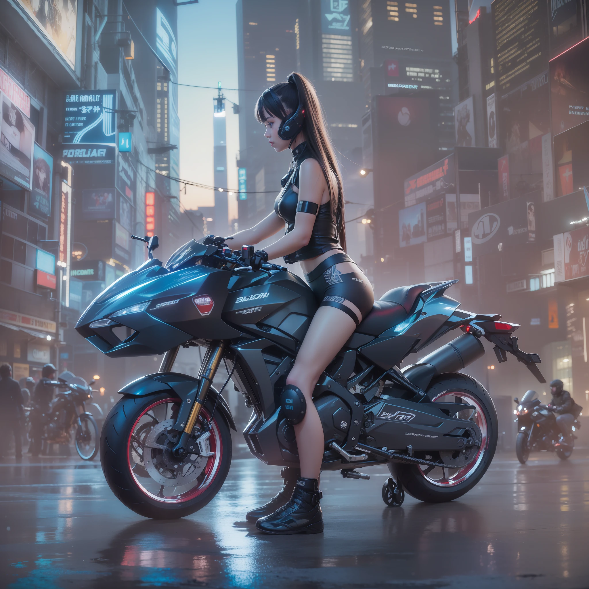 cyberpunked,Cyber City,Hi-Tech,High-tech cityscape,Bikes of the near future,Girl on a motorcycle,poneyTail
