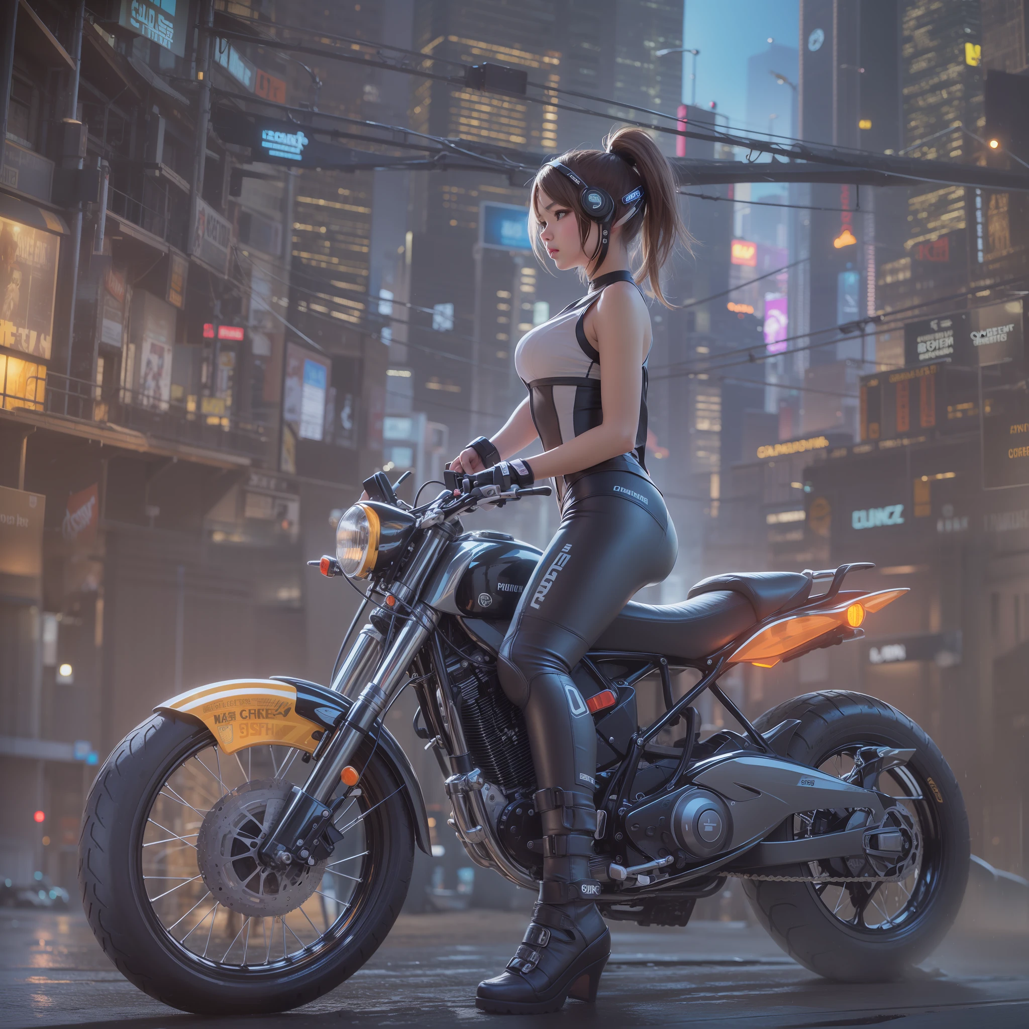 cyberpunked,Cyber City,Hi-Tech,High-tech cityscape,Bikes of the near future,Girl on a motorcycle,poneyTail