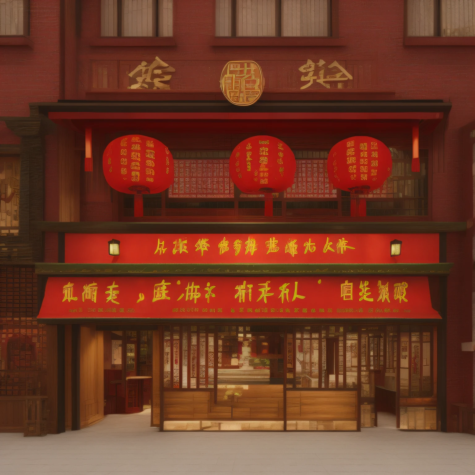 Chinese restaurant tube storefront,Red lanterns,Swastika code,Carved sorghum,Renderings,Warm lighting,Wine flag,Bustling streets,Wooden torii,Solid wood,Green bricks-Daytime street view,Frontal upshooting,tmasterpiece,Master composition,Top-notch design,