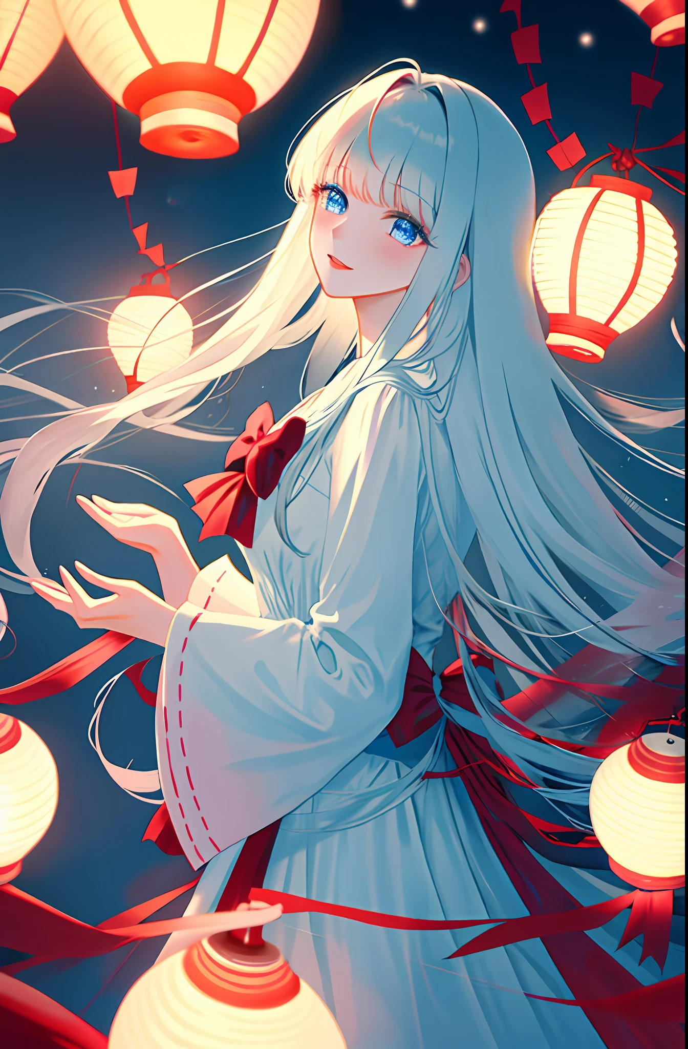 (Extremely delicate and beautiful:1.2),1girll, By bangs, eBlue eyes, bblurry, blur backgroun, Bow knot, White color hair, Keep one's mouth shut, seen from the side, hair between eye, Hair Bow, Lanterns, light particules, longer sleeves, looking at viewert,mid hair,the night,Blue bow,独奏,As estrelas\(sigature\),The upper part of the body,ssmile,Redlip