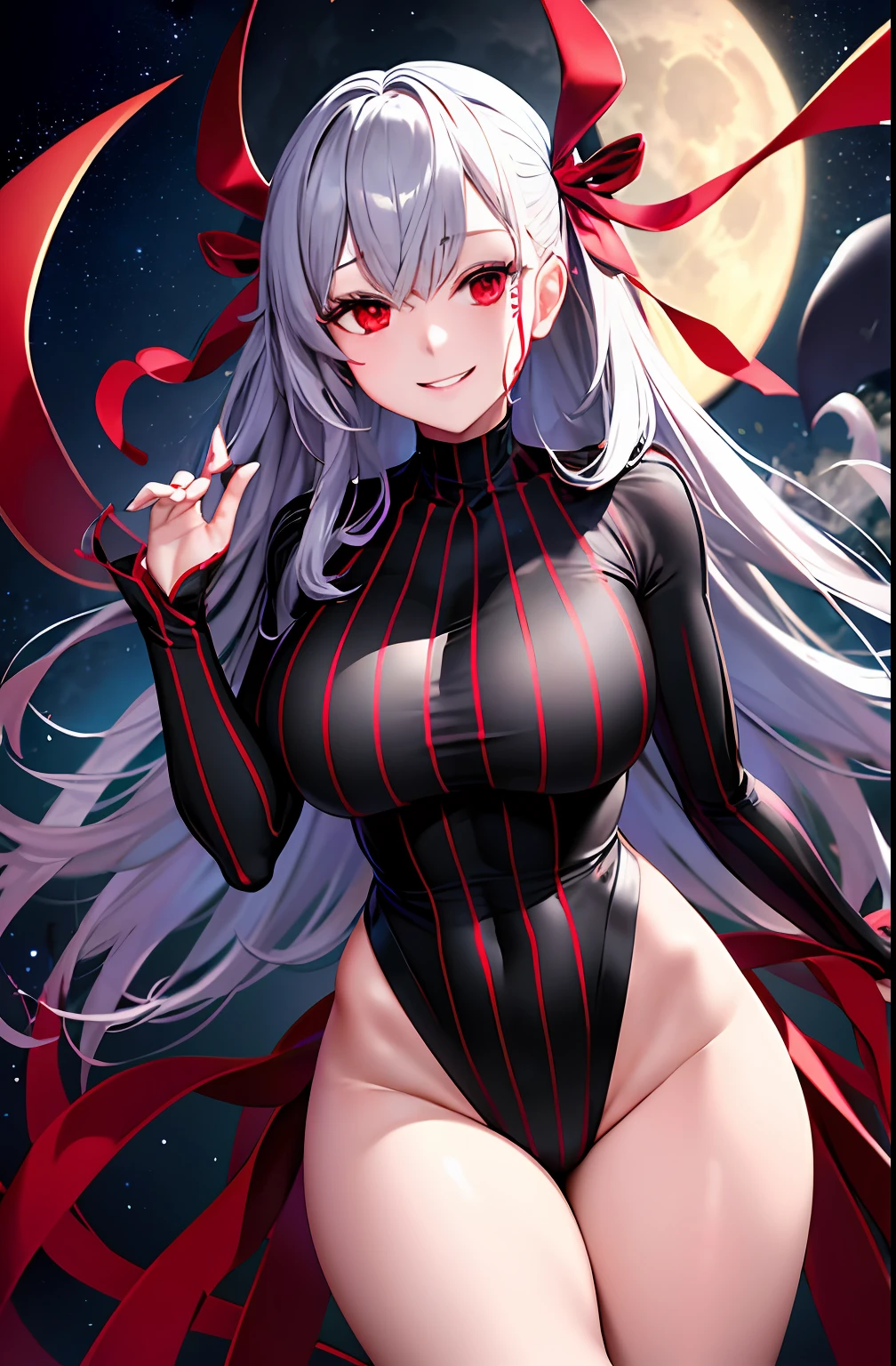 masterpiece, best quality, detailed, 1girl, solo, night sky, outdoors, full moon, stars, clouds, night,
 dark sakura, (black dress), long hair, evil smile, red ribbon, striped, thighs