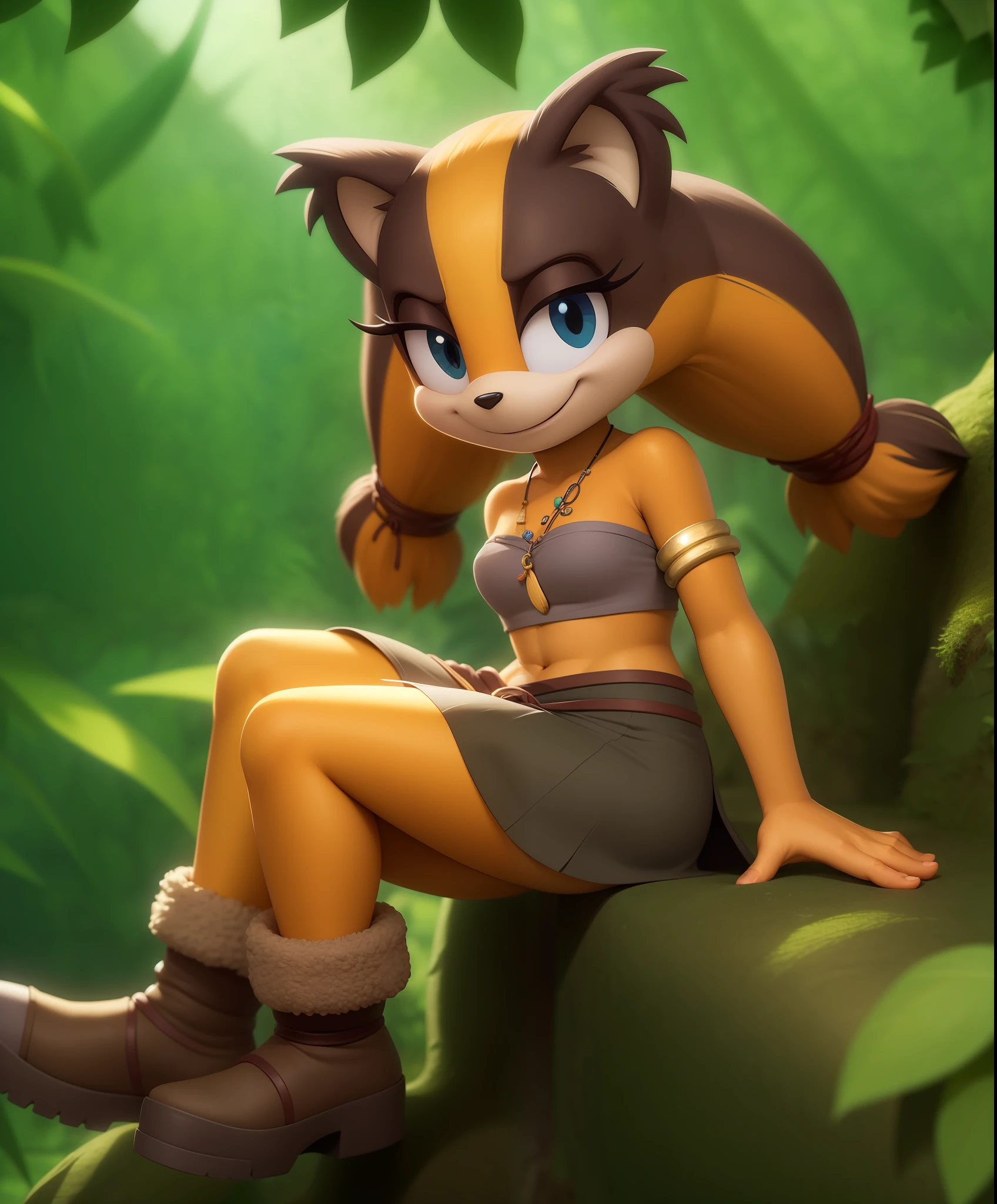 (best quality, masterpiece:1), stick the badger, small nose, solo, furry female anthro, necklace, grey bandeau, grey skirt, gold armlet, bracelet, boots, looking at viewer, smile, tail, twintails, , (outdoors jungle background:1.1),