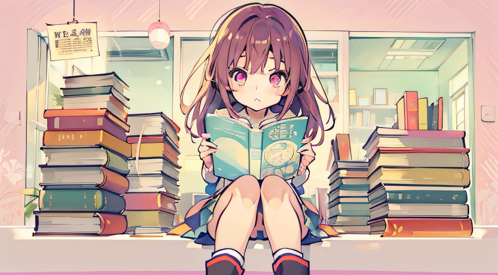 anime girl, anime moe art style, Cute anime girl, Anime visuals of cute girls, li, sitting, angle from the front, girl is reading book, girl with a lot of book