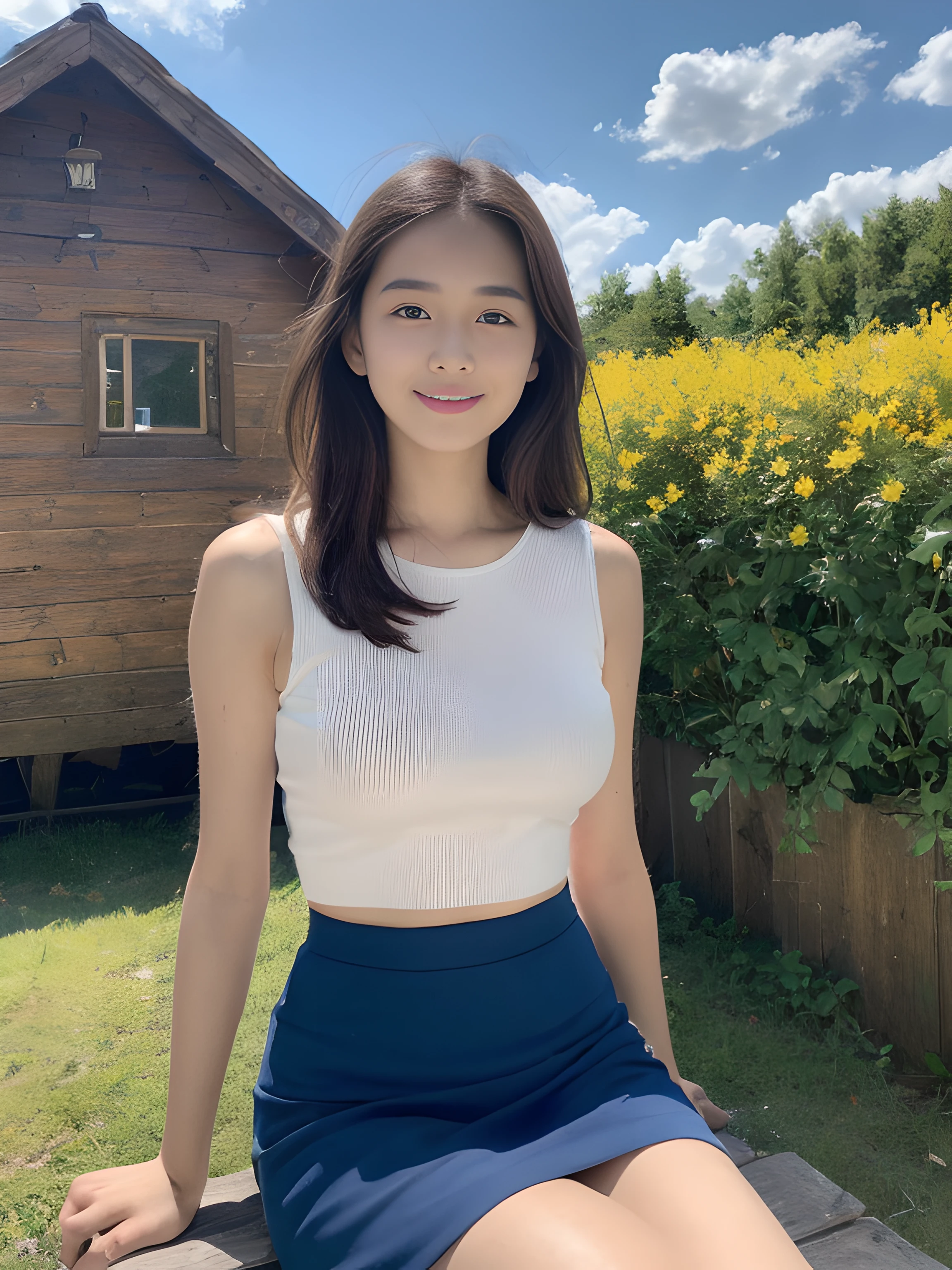 ((best qualtiy, 8K, tmasterpiece:1.3)),Focus:1.2, female high-school student,wooden cabin,(A look of determination)(adolable),delicated face,Long hair waist-length,long hair flowing,Tilt your head,ssmile,Hair details,Delicate Full Body Portrayal,Delicate depiction of the face,Best picture quality,A high resolution,细致背景,Delicate portrayal,exquisitedetails,Rich in detail,Facial strengthening,(Blue crop top top,short skirt),with blue sky and white clouds,wooden cabin,Sitting Among the Flowers,There are no bags under the eyes