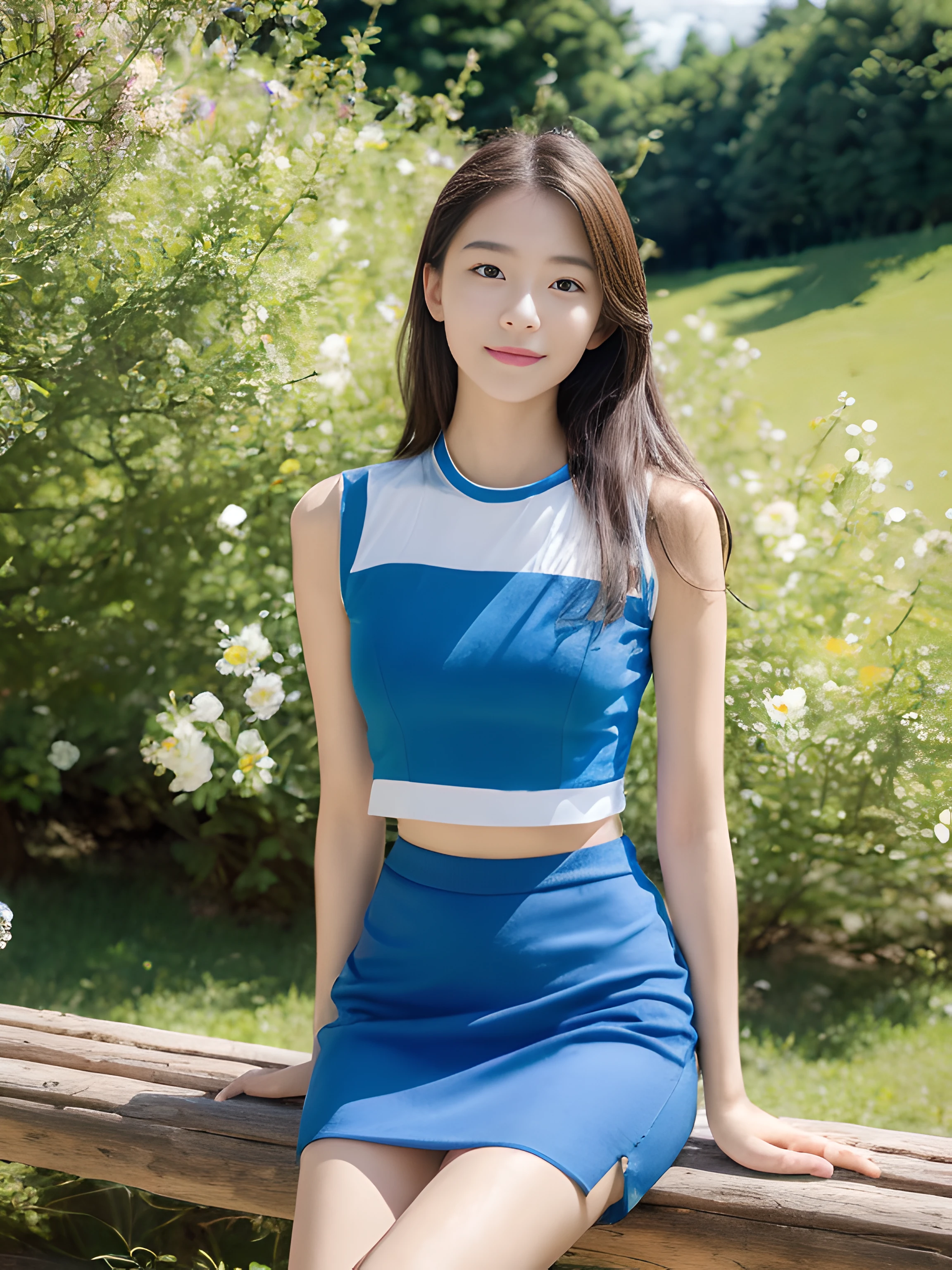 ((best qualtiy, 8K, tmasterpiece:1.3)),Focus:1.2, female high-school student,wooden cabin,(A look of determination)(adolable),delicated face,Long hair waist-length,long hair flowing,Tilt your head,ssmile,Hair details,Delicate Full Body Portrayal,Delicate depiction of the face,Best picture quality,A high resolution,细致背景,Delicate portrayal,exquisitedetails,Rich in detail,Facial strengthening,(Blue crop top top,short skirt),with blue sky and white clouds,wooden cabin,Sitting Among the Flowers,There are no bags under the eyes
