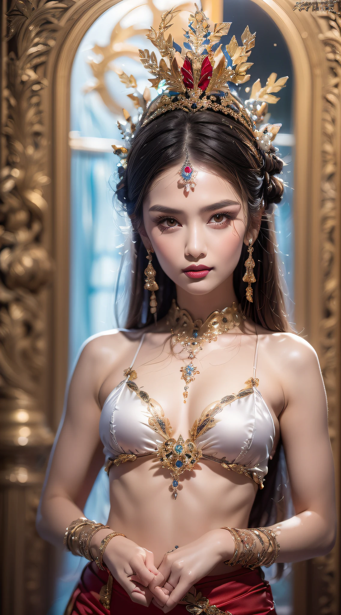 A lustful beautiful saint is fucking, showing off her topless breasts, her beautiful face is flawless, ((Natural smile:1.0)), ((flat bangs:1.2)), (((long hair)) : platinum:0.8 ))) big crown, hair brooch, hanfu skirt, fanciful hanfu style, full body jewelry, forehead tattoo, super flat chest, woman face, face makeup fine delicate, beautiful face, (((including porcelain teeth: 0.8), most beautiful and detailed light red lipstick, huge breasts, super round and balanced, (((Full and thin lips: 0.3) )), ((Yellow eye color: 1,2), Detailed and delicate lighting effects, light and dark, light impression, magical light, detailed light, true color, super sharp, realistic, quality 8k volume, fanciful cosmic background, saintess and fanciful space, the most detailed image, ((Solo:0.3)), ((holy goddess:0.6)), (( look at). straight to the body top of saintess:0.4)), upper body, ((smooth skin:0.5)), ((solo:1.3)), ((( alone girl : 1.3)), saint portrait, short photo, Full body portrait, (((open mouth:0.6))), Digital reality, ((fanky red smoke effect:1.2)),