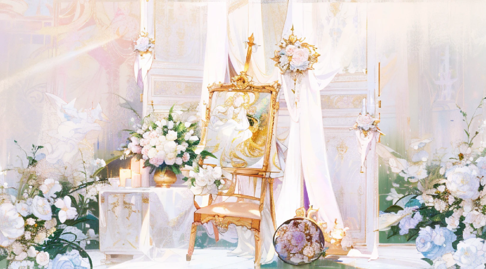 There are white and gold weddings,Flowers are placed, baroque style painting backdrop, ornate backdrop, stunning arcanum backdrop, Ethereal and dreamy theme, Gorgeous and complex background, white and gold color scheme, Fondo pintado floral, Dreamy atmosphere, enchanted surroundings, luxurious wedding, ethereal fairytale, in romantic style, dreamy scenes, ethereal details, Magical atmosphere + Masterpiece,No Man,higher details
