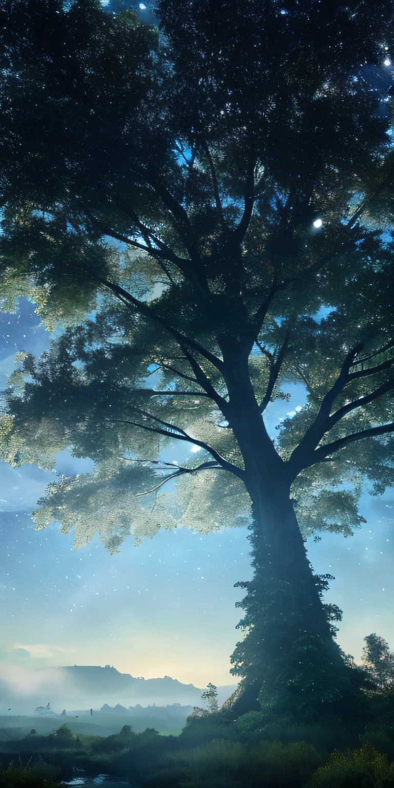 Illustration of a hyperrealistic , otherworldly, ultrasky scene featuring a giant crystal tree full body,very detailed and magical lighting, intricate forest details, vegetation and river around, solarpunk ,landscape, giant tree, beatifull leafy with beautiful lighting and realistic proportions, as if it were a cinematic background, 8k, highest quality, masterpiece, clouds and stars in the sky.