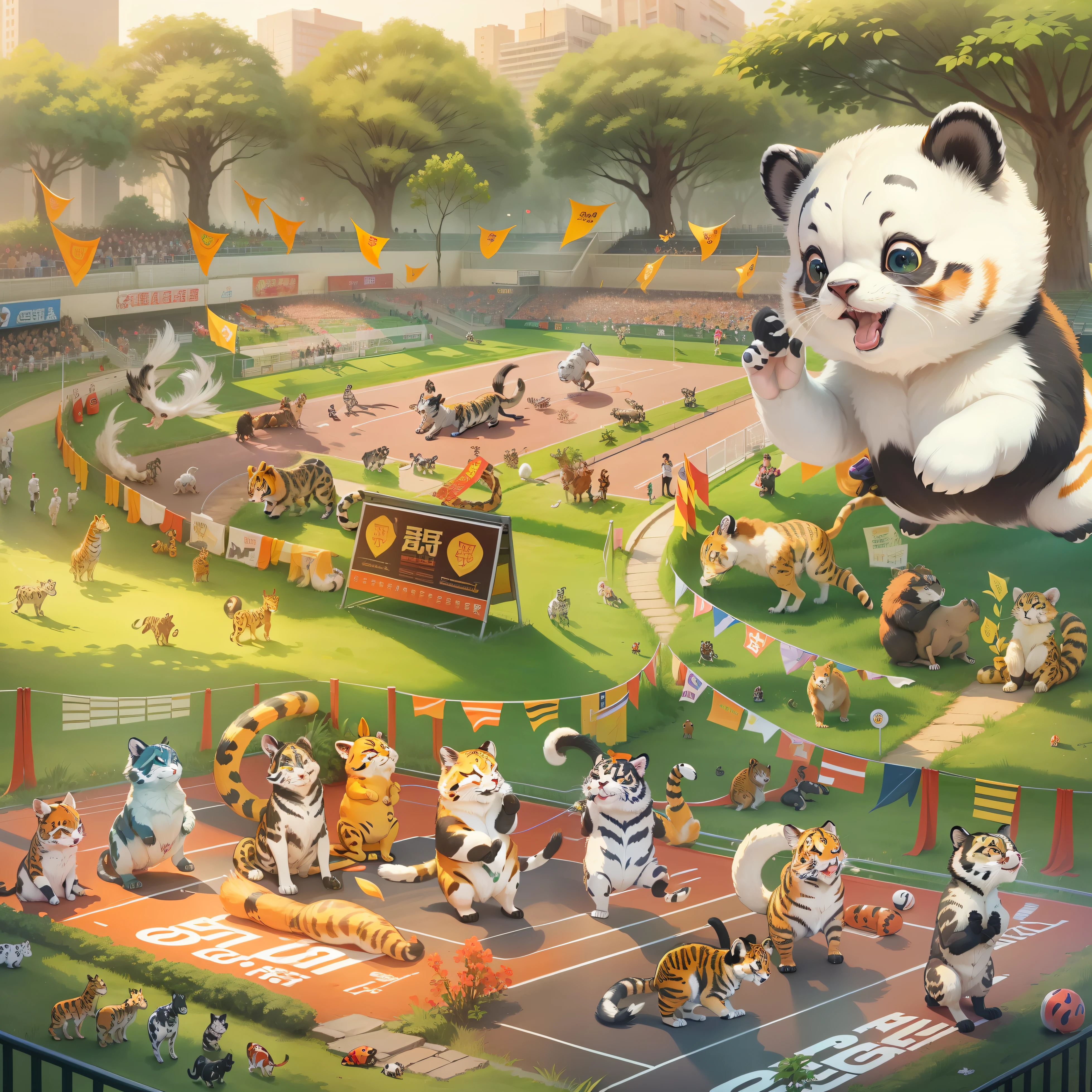 critters,Games,Chengdu Universiade,Cheer for the critters,gym,The audience is all small animals,Animals racing,athletics,There are cats、Doggy、hamster、squirrels、serpent、lizard、giraffes、sika deer、Seven-star ladybug、pandas、giant panda、Red panda、Leopard、South China tiger these animals,These critters compete on the same stage,Run on the track,Some animals run、Some animals fly、Some animals jump,Competitions are played sequentially in the gymnasium,Good order,You chase me