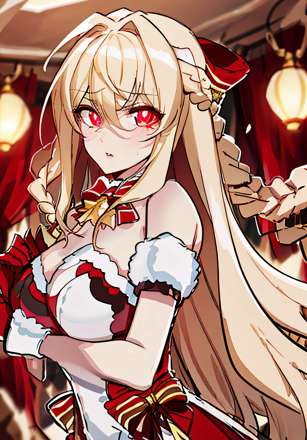 tmasterpiece， best qualtiy， ultra - detailed， illustratio， warm lights， vivd colour， 8k wallpaper， 1girll， 独奏， Cowboy shooting， looking at viewert， 1girll， 独奏， Very long hair， red eyes， blond hairbl， Bright pupils，， Graves， dust， sweat leggs， Scorching desert，White dress，White armor