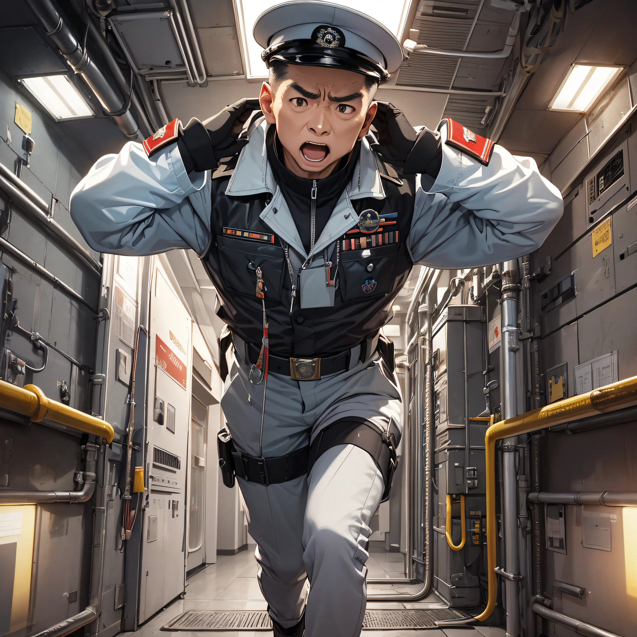 Ridiculous resolution，A high resolution，（tmasterpiece：1.4），Hyper-detailing，Inside the nuclear submarine，Japanese middle-aged male commander，horrified and shocked expression，Open-mouthed，Full body photo