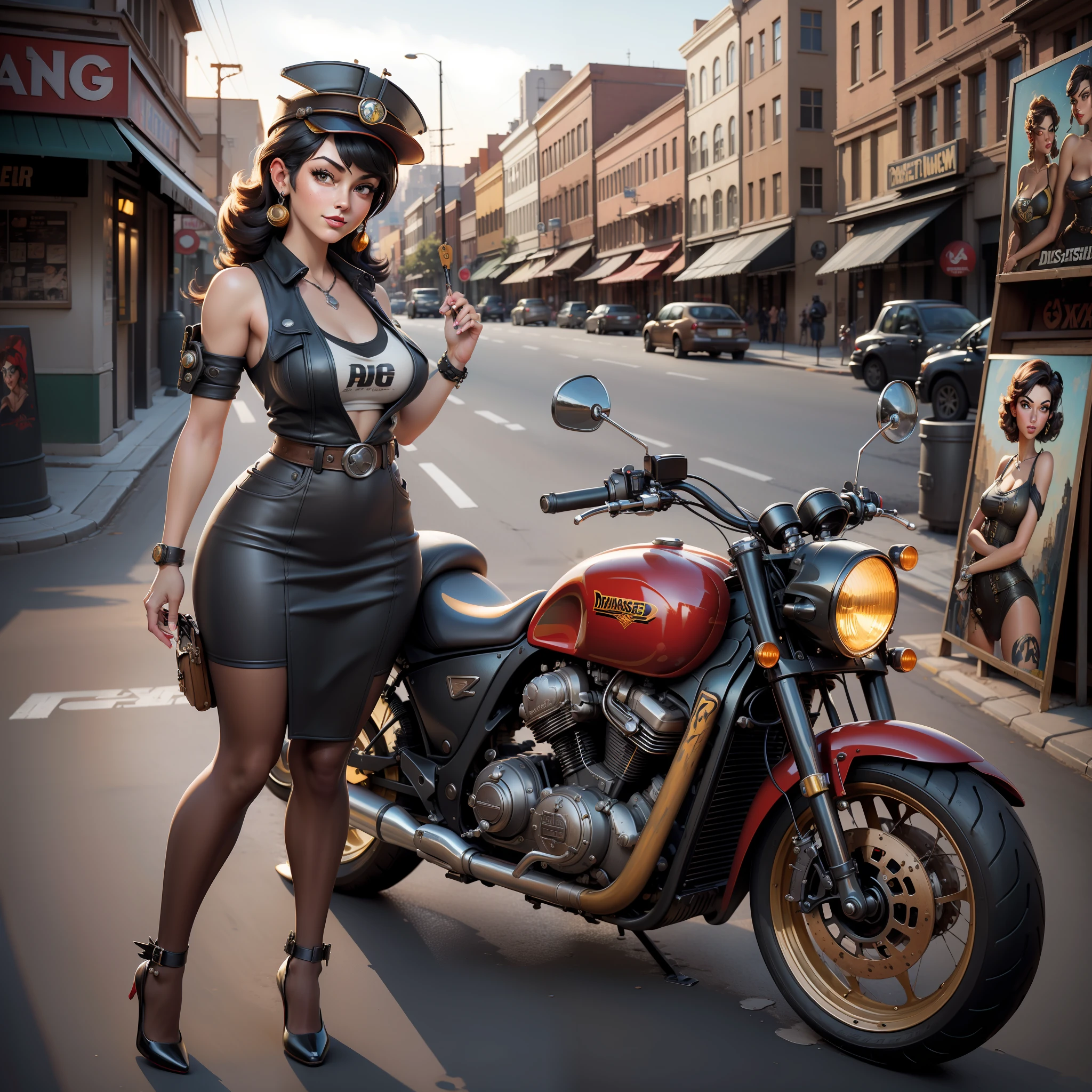 (masterpiece, top quality, best quality, official art, beautiful and aesthetic:1.2), painting of a woman on a motorcycle next to a gas pump, colorful,highest detailed, painting, arafed woman in a red, pinup art, pin - up, pin-up, pin-up poster girl, pin up girl, artgerm girl pinup, pin up, pinup girl, dieselpunk art style, inspired, 8 k hd detailed oil painting, at a city street, photorealism,