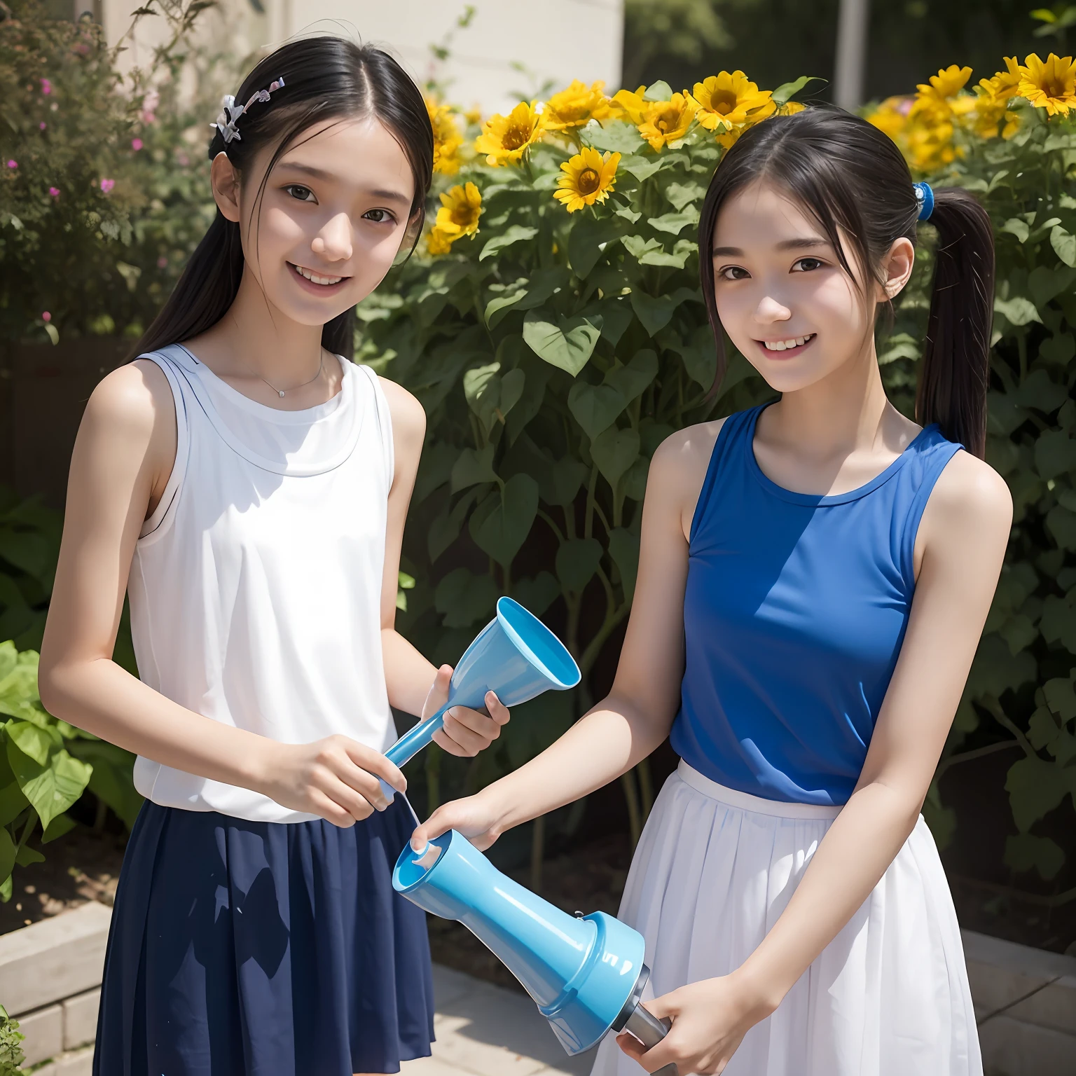 slim figure, femele, Blue Sleeveless T-Shirt, White chiffon long skirt, A smile, Watering in the garden, bangss, (((a junior high school student))), Short Bob Twin Tail Hair,realskin, (((sixteen years old))), bangss, hoses, Sun flower, watering can