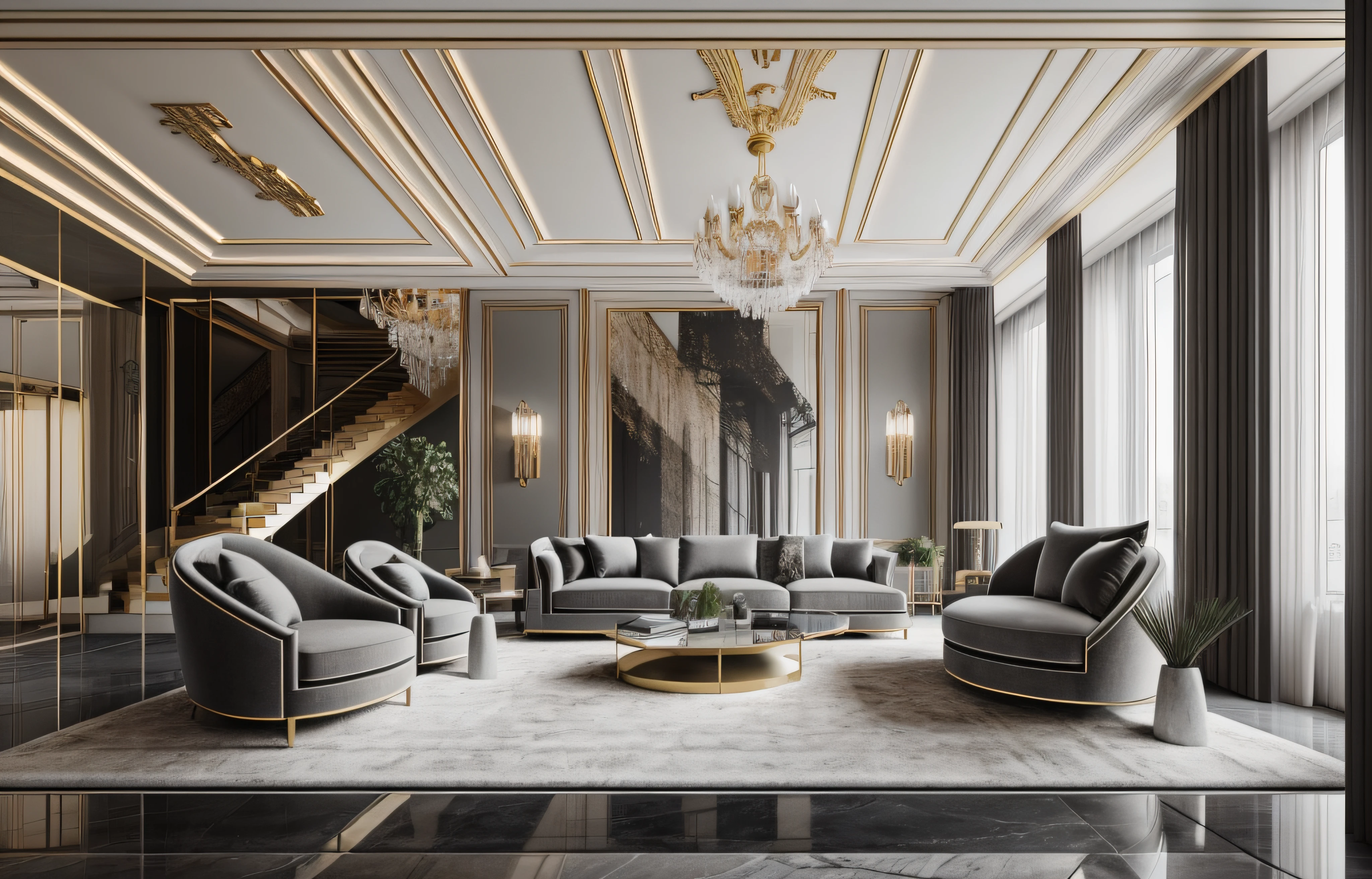 interior luxury, neo classic, minoti furniture, arafed view of a living room with a couch,bacara chandeliers,  table coffee, detailed,, archviz, highly photographic,ceiling and wall panels,  tall ceilings,  8k uhd, high quality, film grain, Fujifilm XT3, cinematic, slate grey, dramatic light, architecture, shadow in front, 5pm,