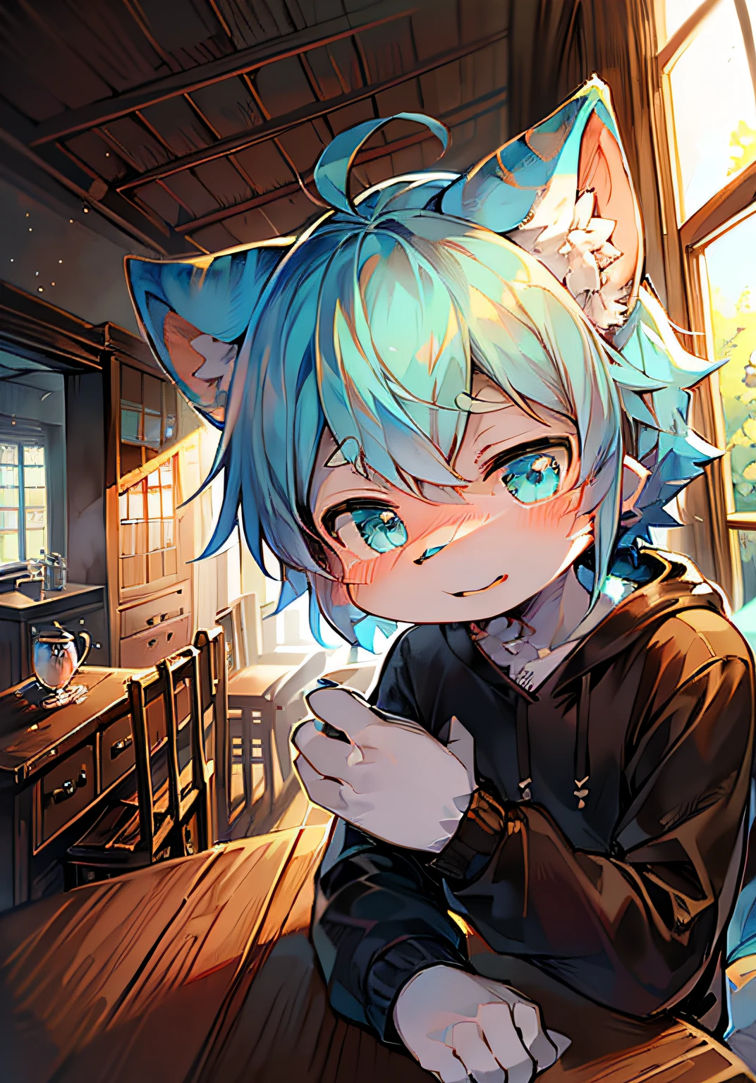 (ambiente dark:0.8),masterpiece,high quality,abstract res,digital painting\(artwork\), by dagasi, yupa,kiyosan,(anthro,fluffy fur,character focus:1.1),anthro male cat,short hair,portrait , eyes with brightness, in a panoramic view, Character focus.(detailedbackground:0.7), 独奏, shaggy, shaggy male, malefocus, anthr,(Full Body Furry, Fluffy tail, Cyan fur, blue color eyes, blue hairs:1.2), (felid、red fox、Sweatshirt:1.2),(interiors、eventide、Riman、Wooden table:1.1)